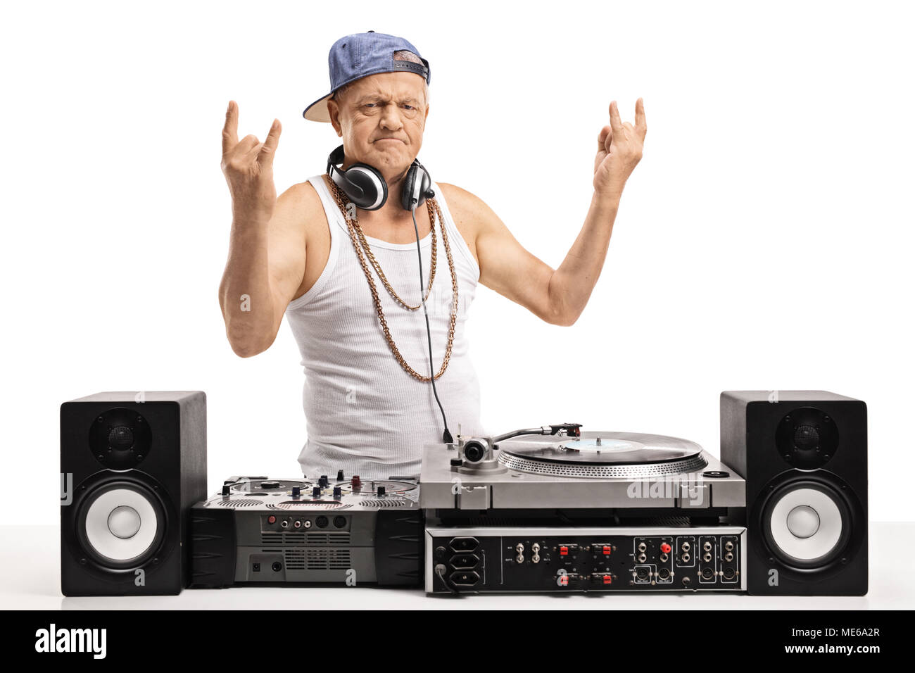 Alte DJ, rock Gesten der Hand auf weißem Hintergrund Stockfoto