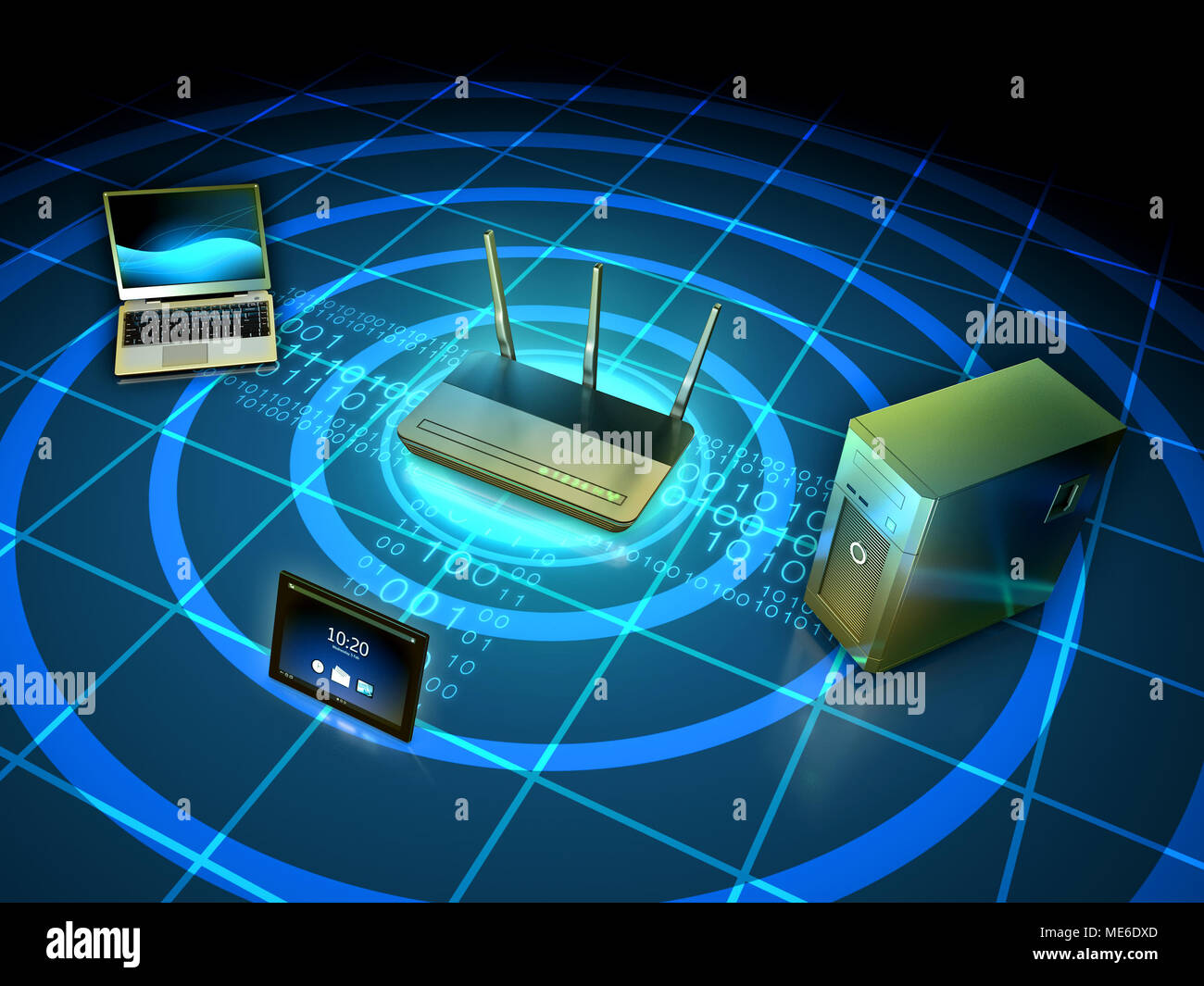 Drahtloses Netzwerk anschliessen eines Laptops, Workstations und Tablet. 3D-Darstellung. Stockfoto