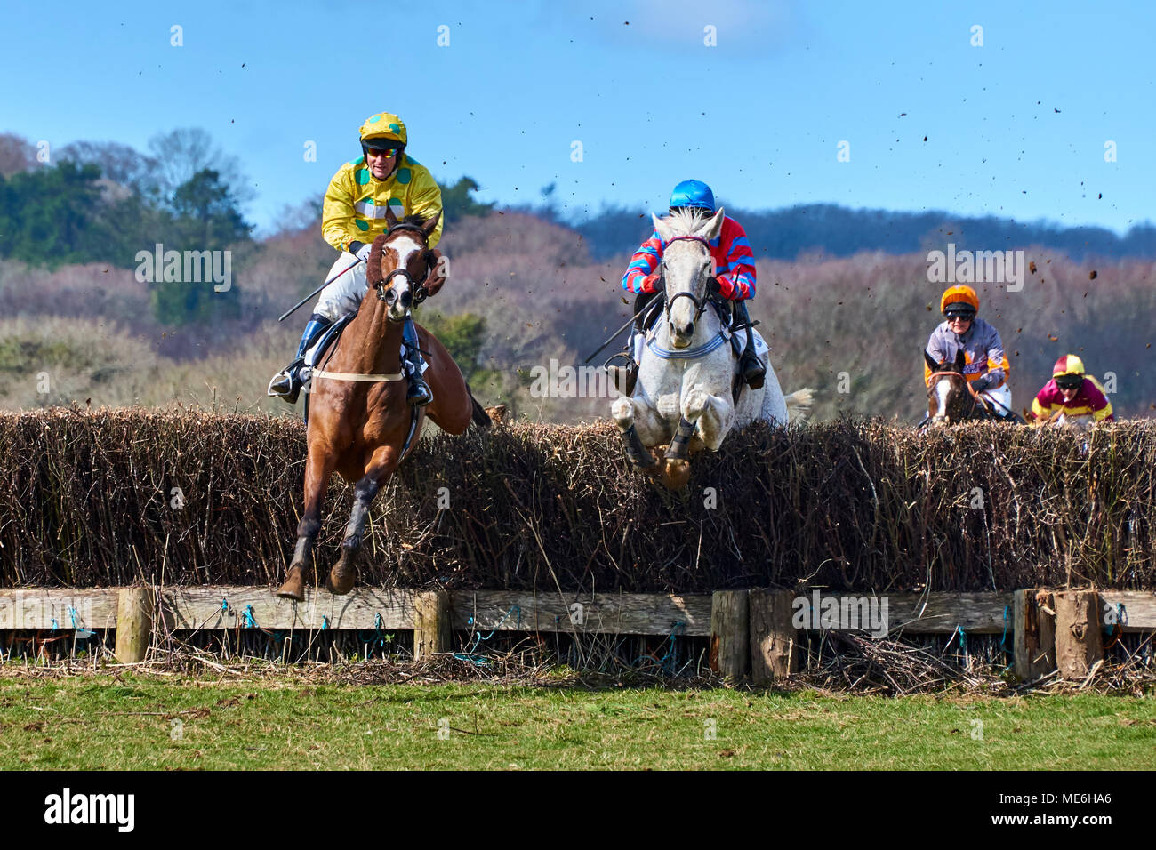 Zwei Pferde und Reiter springen ein Zaun während einer Punkt-zu-Punkt Ereignis Stockfoto