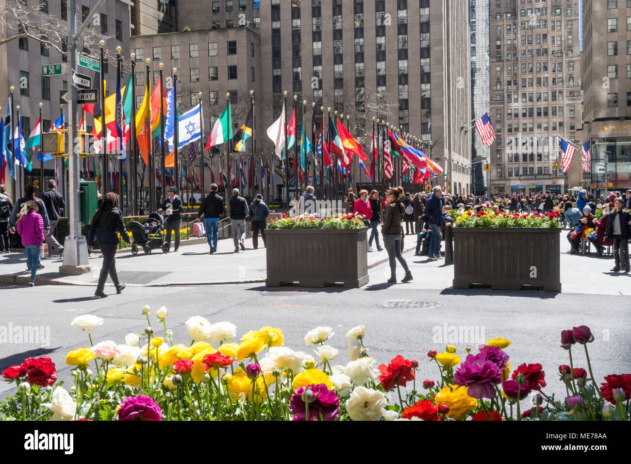 Amerikanische Fahnen und Blumen mit internationalen Flaggen am Rockefeller Center, NYC, USA Stockfoto