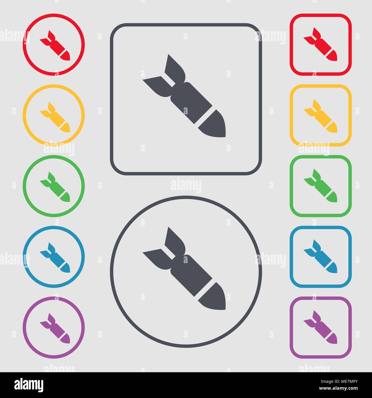 Rakete Rakete Waffensymbol unterzeichnen. Symbol auf der Runde und quadratische Tasten mit Rahmen. Vector Illustration Stock Vektor
