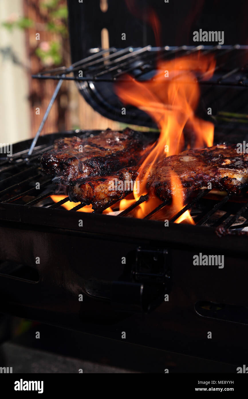 Lammkoteletts mit Minze marinade Kochen auf einem Grill mit Flammen Stockfoto