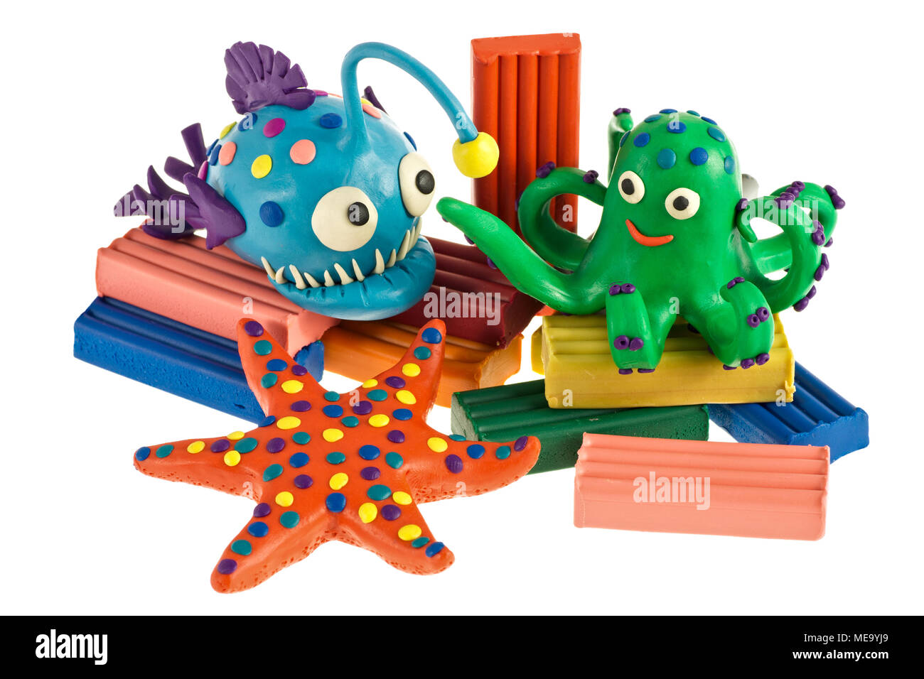 Lustige plastilin Tiere - Seeteufel, Tintenfisch und Sea Star Stockfoto