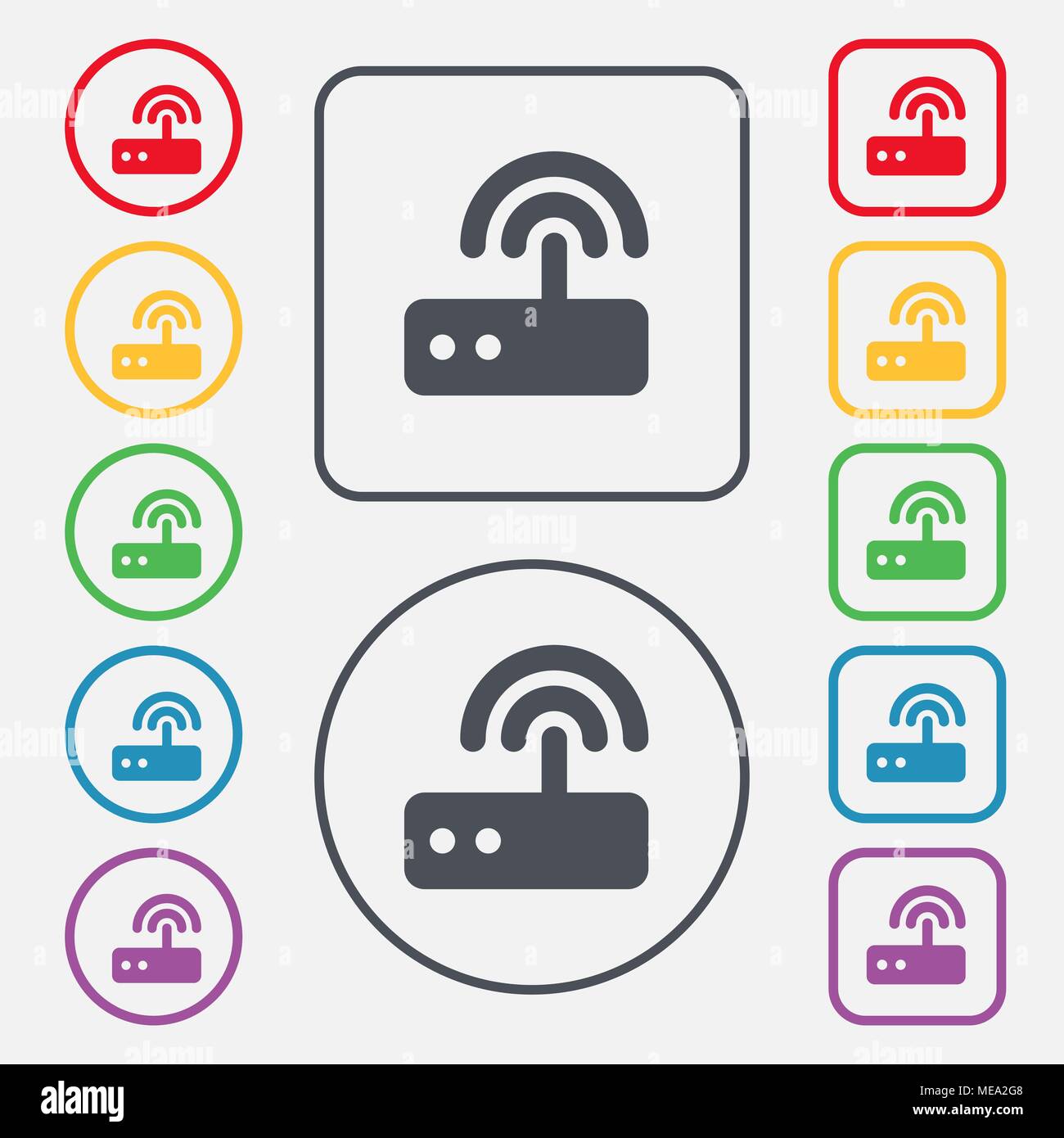 Wi-fi-Router Symbol unterzeichnen. Symbol auf der Runde und quadratische Tasten mit Rahmen. Vector Illustration Stock Vektor