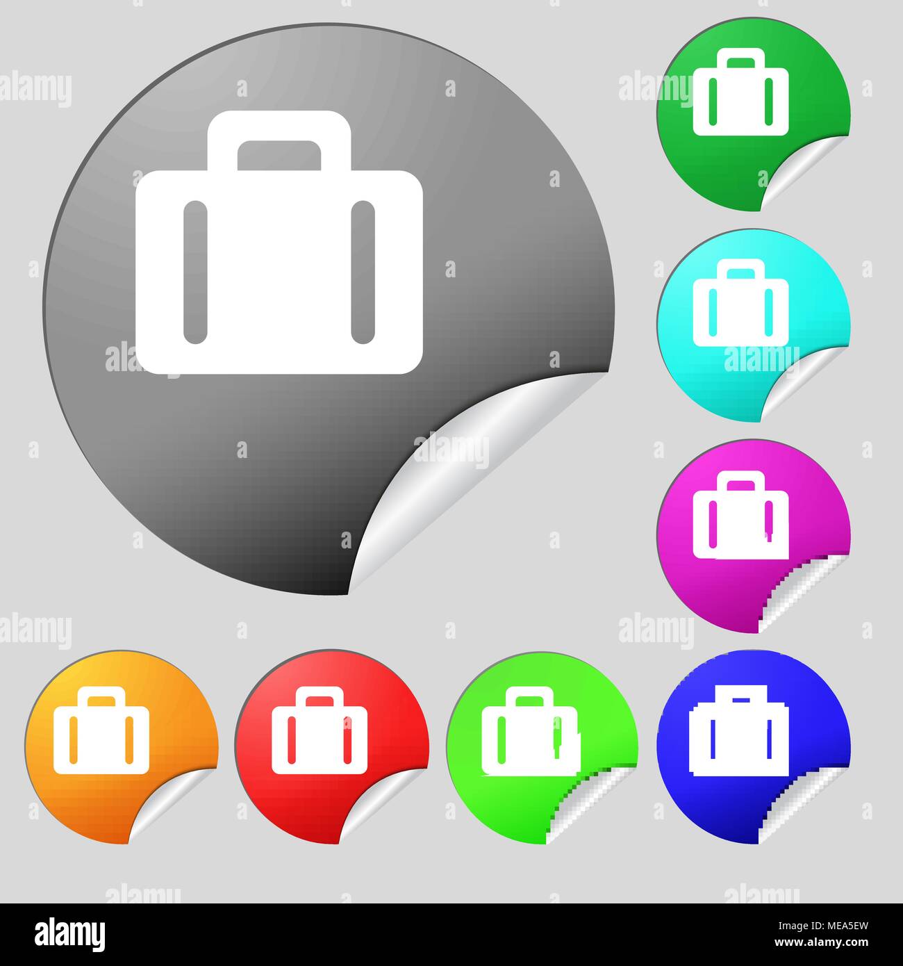 Koffer Symbol unterzeichnen. Satz von acht Bunten runde Buttons, Aufkleber. Vector Illustration Stock Vektor