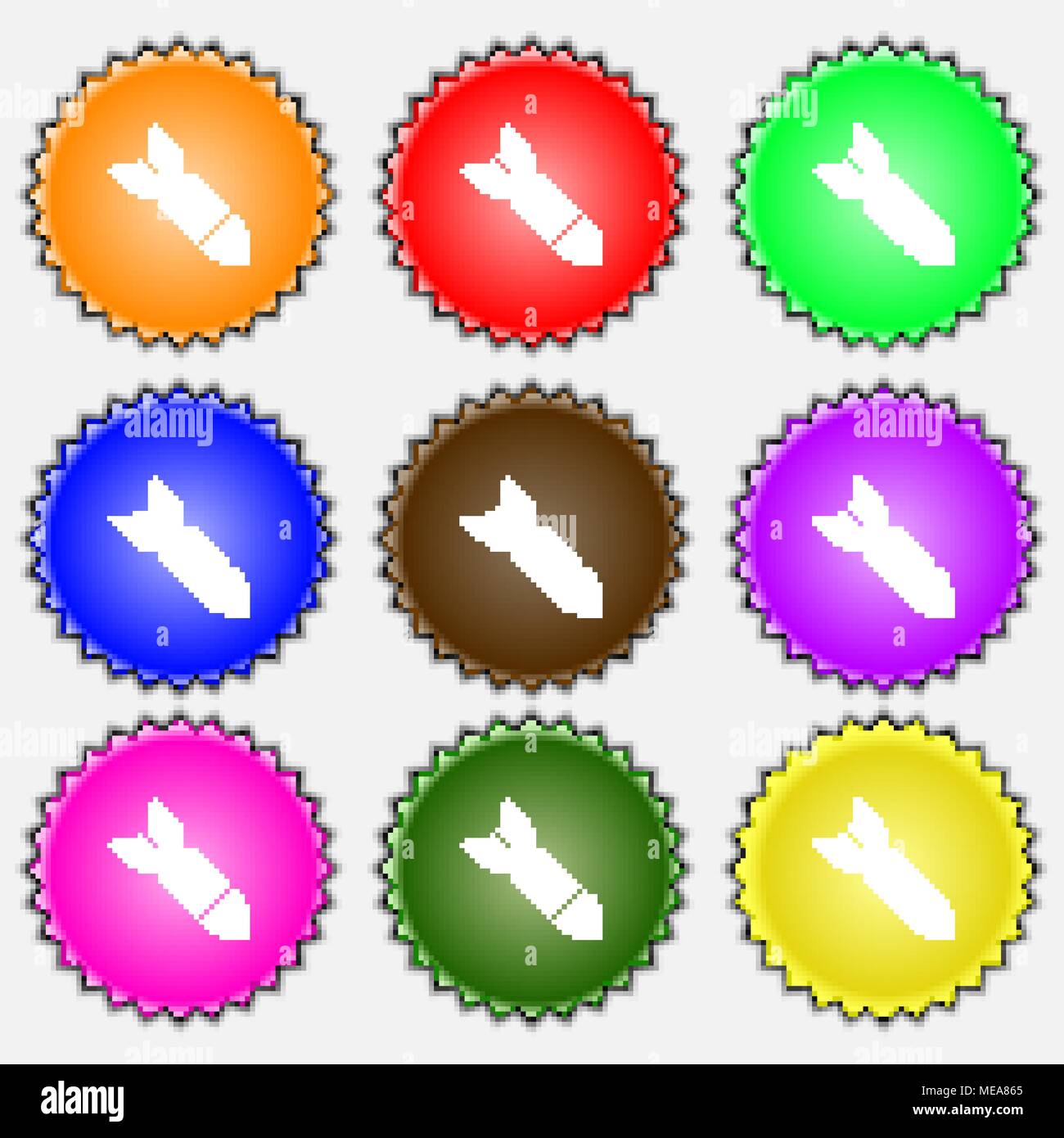 Rakete Rakete Waffensymbol unterzeichnen. Ein Set von 9 verschiedenen farbigen Etiketten. Vector Illustration Stock Vektor