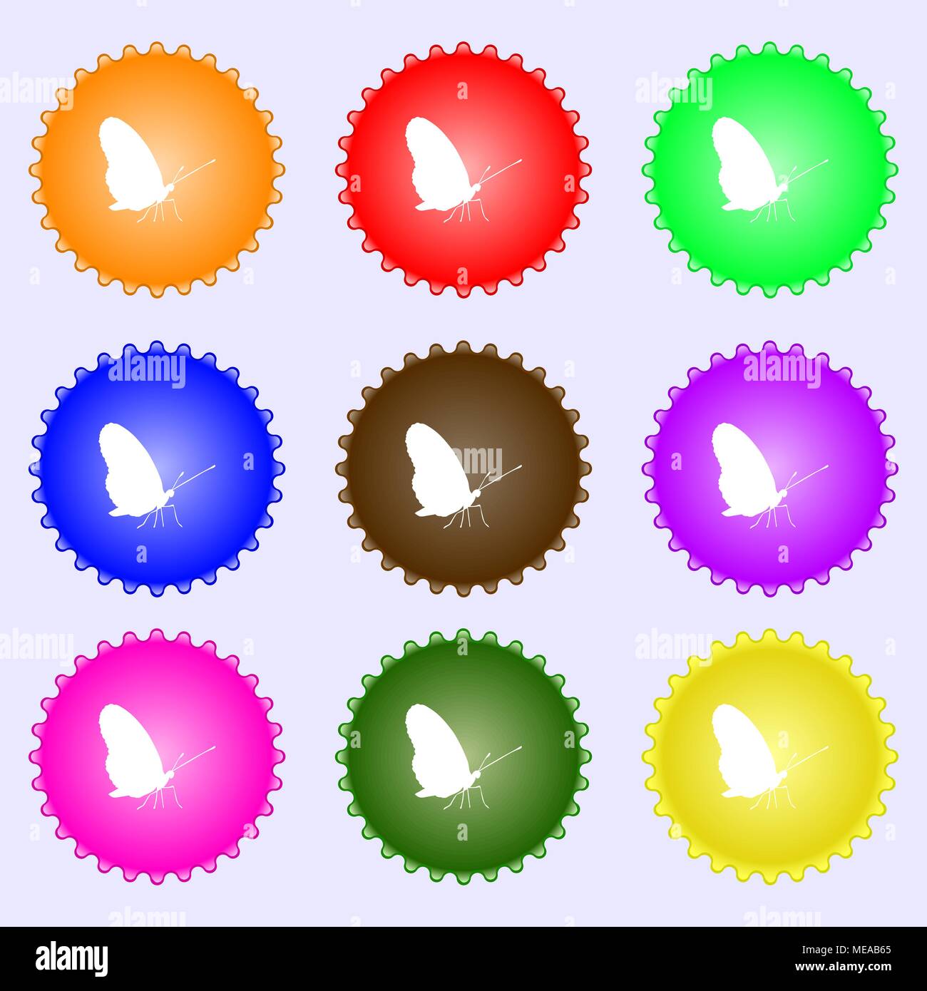 Schmetterling Symbol unterzeichnen. Ein Set von 9 verschiedenen farbigen Etiketten. Vector Illustration Stock Vektor