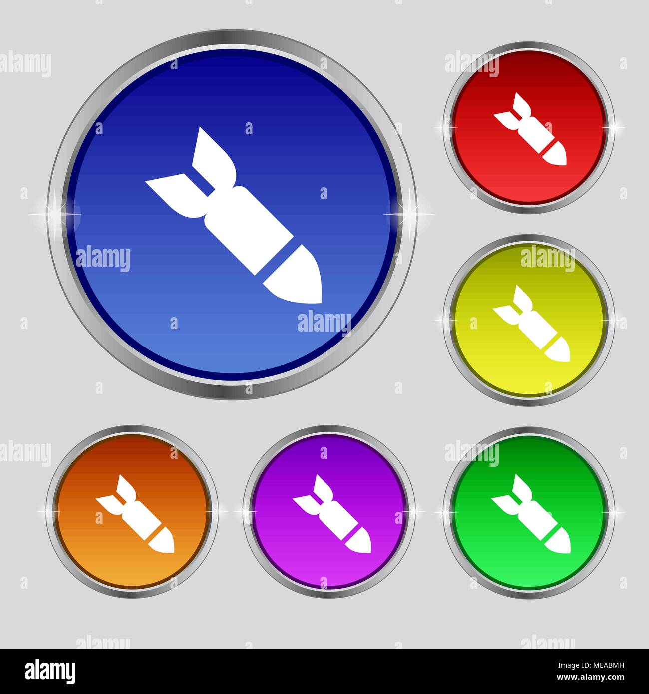Rakete Rakete Waffensymbol unterzeichnen. Runde Symbol auf hellen farbigen Buttons. Vector Illustration Stock Vektor