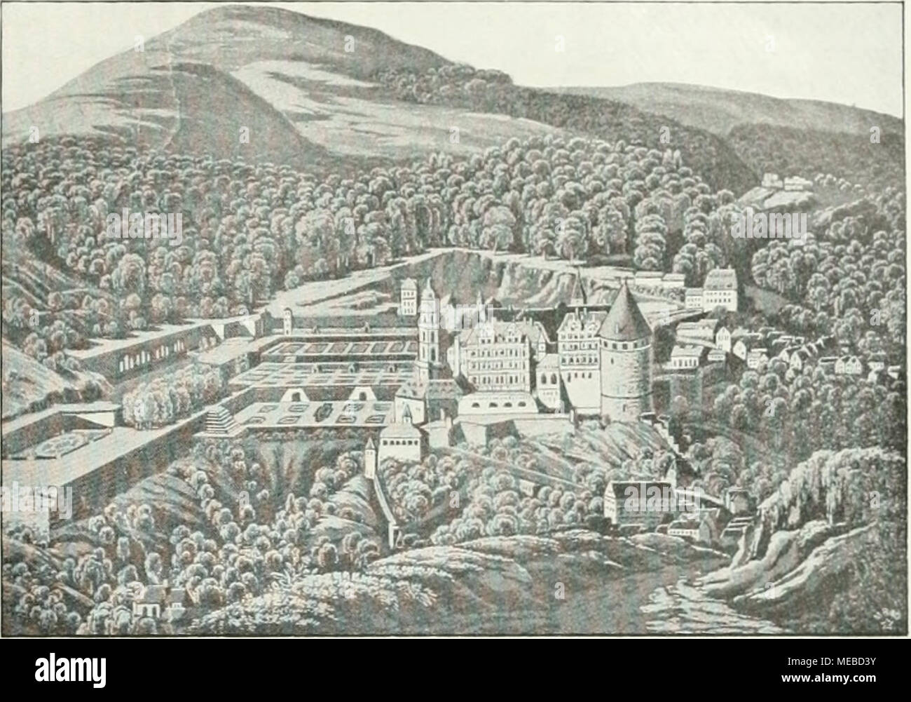 . Gartenkunst sterben. Alte Ansicht des Heidelberger strapaziert / Hollar. strengen, sachgemäßen Geist unserer Zeit nicht mehr anmutend; aber da sie in der Fläche bleibend, dem Sinne der Anlage gemäß sind, stören sie wenigstens nicht. Nonne kam unsere spätere Zeit und pflanzte längs aller Wege in rhythmischen Abständen Gruppen von Hochstammrosen, niedrige Rosen, kegelförmig auf-gehöhte aufgestutzte Taxusbüsche Blumenbeete, zierlich. Und siehe, der geometrische Garten Krieg da. Überall aufschießenden zweigigen Gewächse und auf-Gehöhten Farbenkleckse zerreißen sterben Fläche Sterben in lauter zahlr, zus Stockfoto