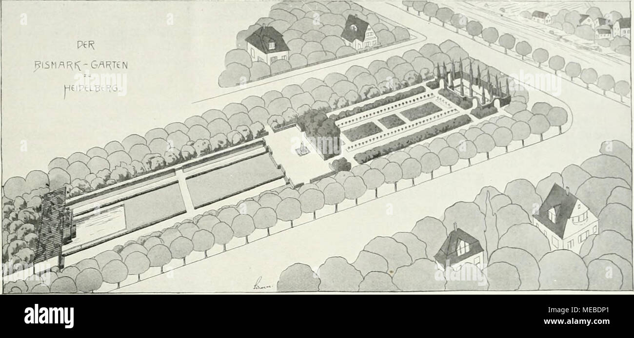 . Gartenkunst sterben. Fr. Scherer: Studie zur Umgestaltung des Bismarckgartens in Heidelberg. Ansicht aus der Vogeischau. als Rosenlauben hergestellt werden können, versehen. Zur Zeit der Rosenblüte wird of this Gartenteil sicher eine sroßc Anziehungskraft für die Besucher bilden. Den Abschluß bildet ein / Norden mit 2 bis 3 m hohen Hecke umschlossener Raum, dessen Mitte ein regelmäßiges Wasserbecken mit springstrahl ein-nimmt (vergl. Siehe Abb. S. 40). Zum beschaulichen Ruhen wird of this Raum mit dem leise plätschernden Wasser sehr willkommen sein. Vorgärten aus Goethes Tagen. Von Josep Stockfoto