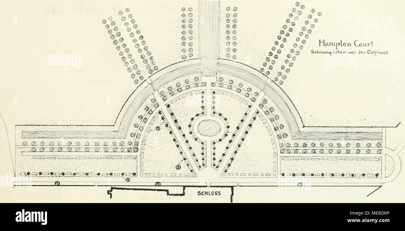 . Gartenkunst sterben. Bibliothek New York Botanical Garden. Schloß Hamptoncourt: Praxisvorschläge des grofäen Parterres der Ostfront. Kundennr./Ca. 1: 4500. Erinnerungen einer sterben Studienfalirt der Deutschen Gesellschaft für Gartenkunst / England. Von R.Hoemann, Düsseldorf. Mit Abbildungen nach Aufnahmen von Heicke, Frankfurt a. M. V. Hamptoncourt. Wie ganz anders, wie grundverschieden von dem bisher Gesehenen erschienen uns Nonne Werke der Garten-Kunst, sterben bei regelmäßig architektonischer Gestaltungsart geschaffen waren. Der erste dergestalt errichtete Garten, den wir sahen, war der Schlossgarten von Hamp Stockfoto