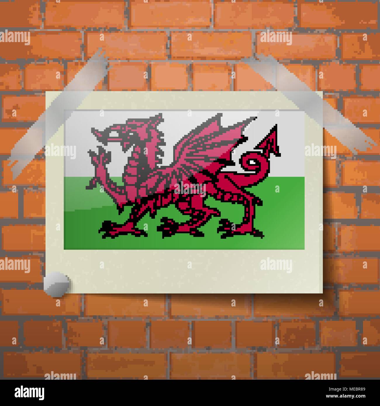 Flagge von Wales Scotch Klebeband auf eine rote Wand. Vektor Stock Vektor