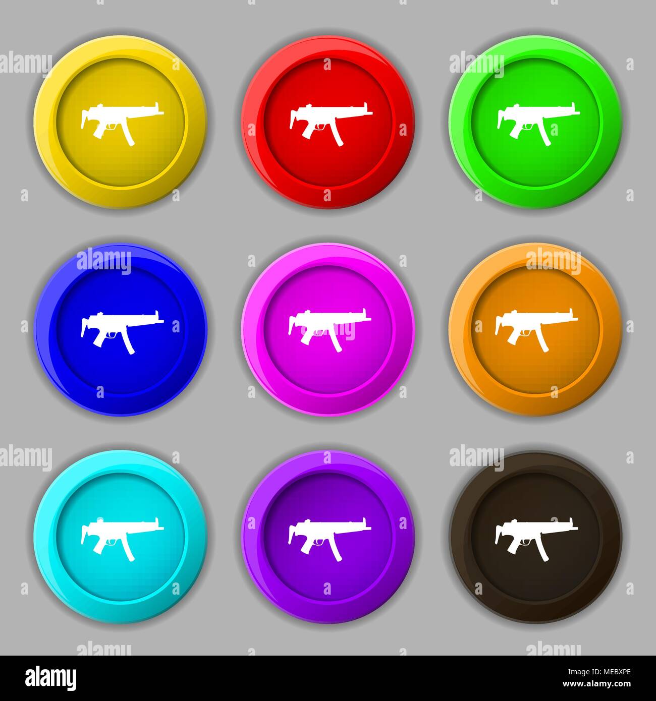 Machine Gun Symbol unterzeichnen. Symbol auf neun Runden farbigen Buttons. Vector Illustration Stock Vektor