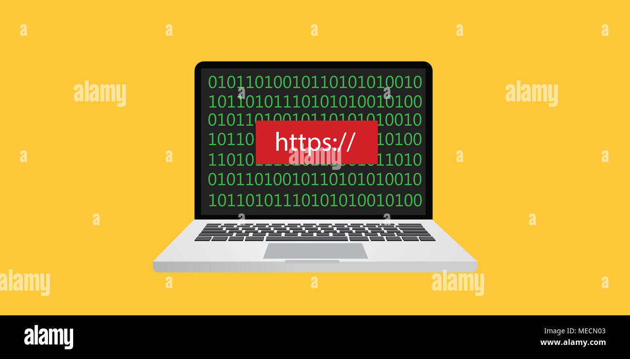 Https-Abbildung mit Laptop Notebook Text auf dem Bildschirm mit binären Code auf der Anzeige des Monitors Vektor geschrieben Stockfoto