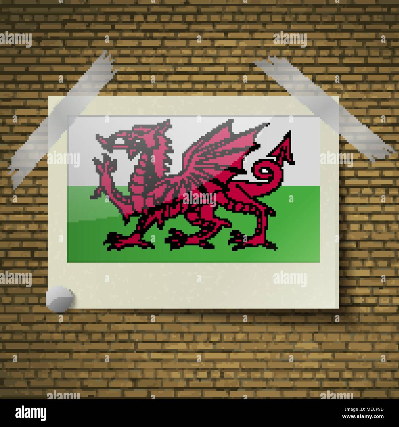Flagge von Wales am Rahmen auf einem Ziegelstein Hintergrund. Vector Illustration Stock Vektor