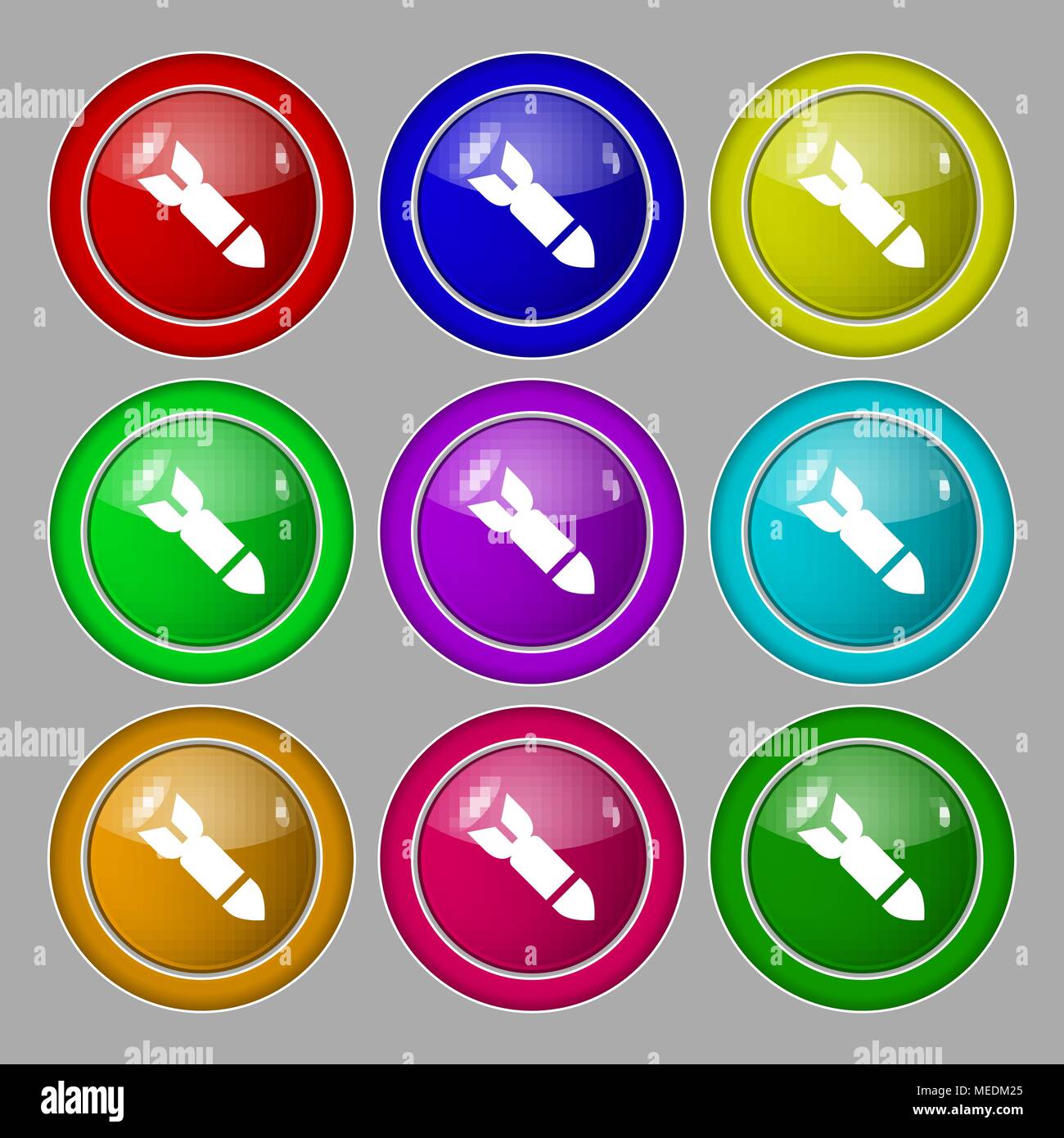 Rakete Rakete Waffensymbol unterzeichnen. Symbol auf neun Runden farbigen Buttons. Vector Illustration Stock Vektor