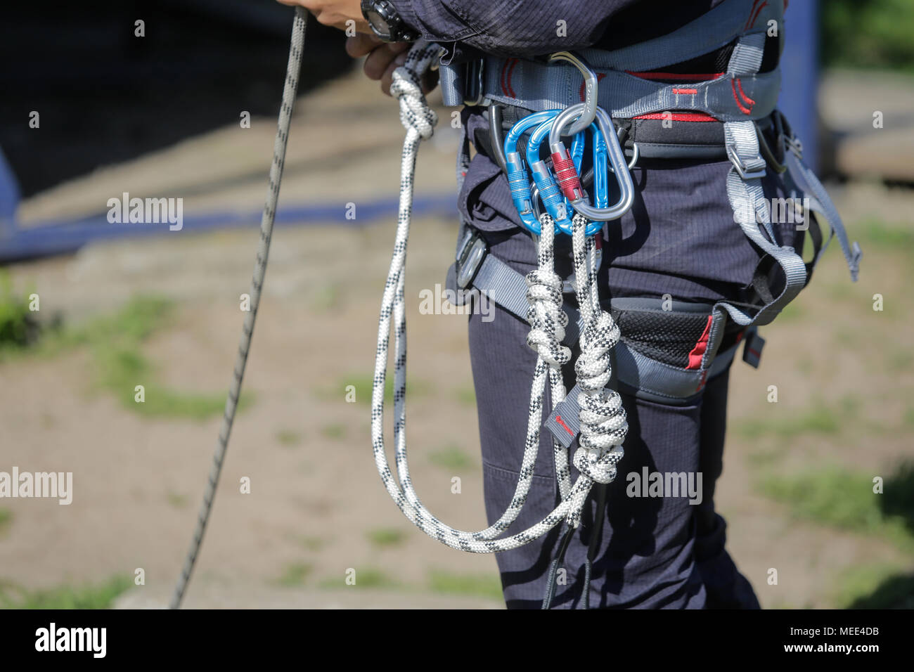 Details einer klettern Feuerwehrmannproduktfeuerwehrmannausrüstung Stockfoto