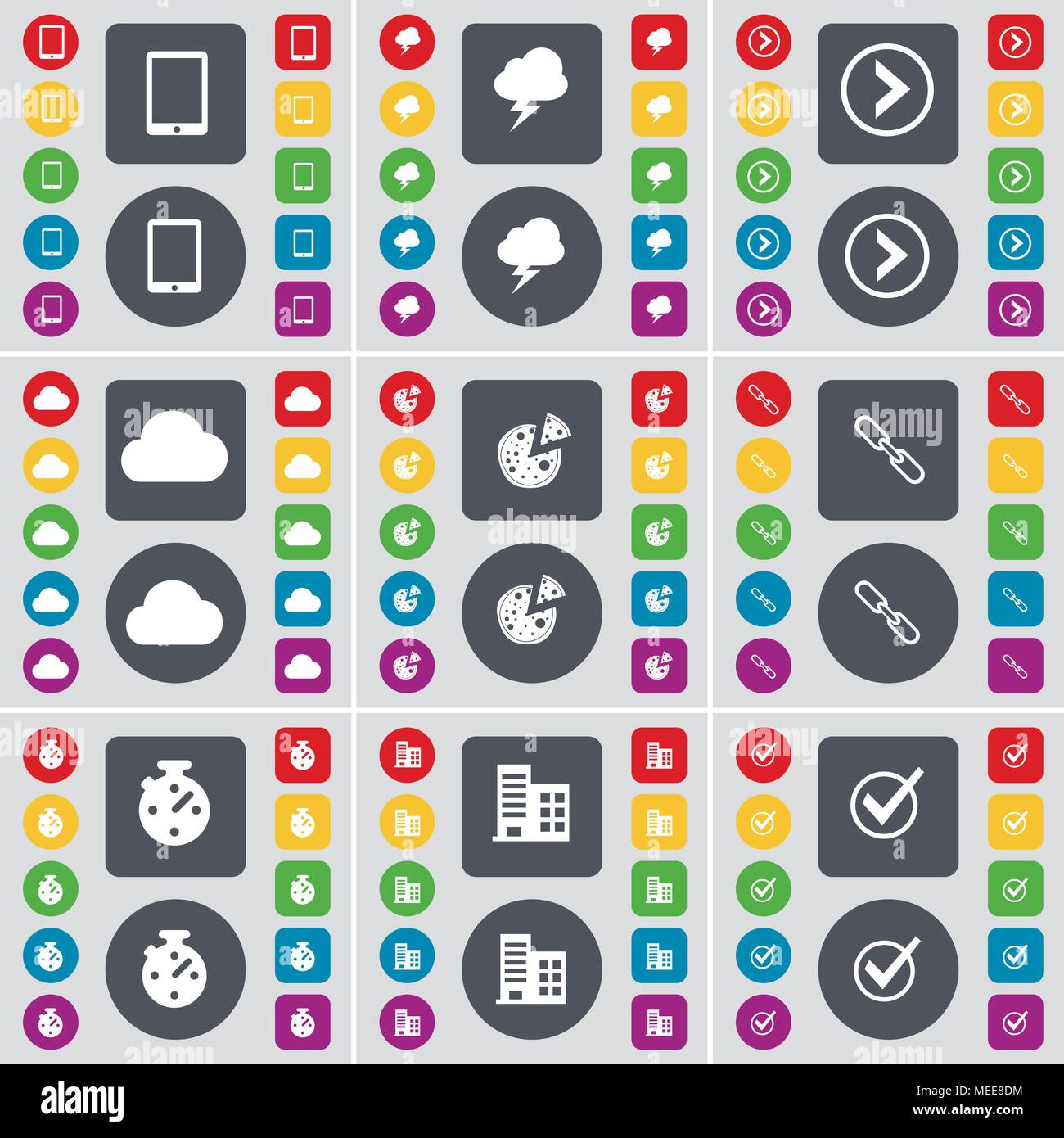 Tablet PC, Blitz, Pfeil rechts, Cloud, Pizza, Link, Stoppuhr, Gebäude, markieren das Symbol. Eine große Auswahl an flache, farbige Schaltflächen für Ihre Konstruktion. Ve Stock Vektor