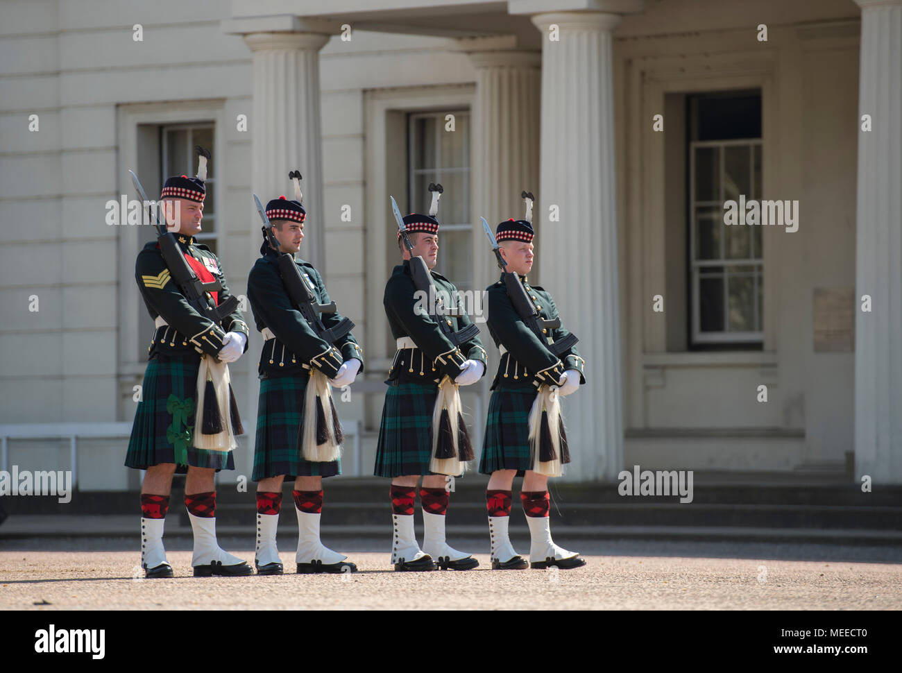 Wellington Barracks, London, UK. 20. April 2018. Die königliche Regiment von Schottland zu zeremoniellen guard Pflichten in London für 3 Wochen. Stockfoto