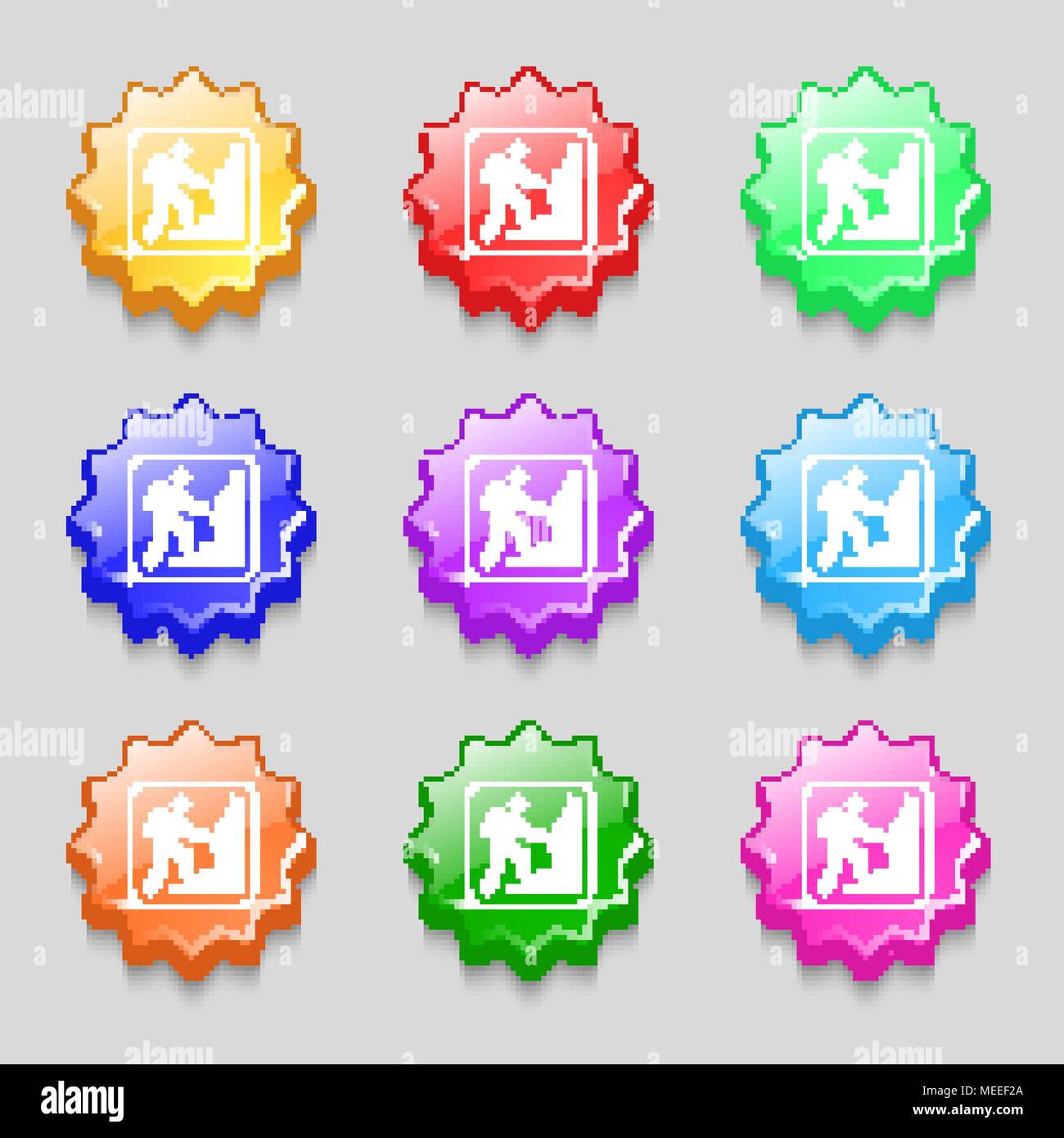Klettern Symbol unterzeichnen. Symbol auf neun Wellig farbige Schaltflächen. Vector Illustration Stock Vektor