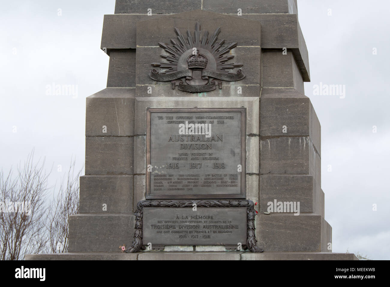 Denkmal des Dritten australischen Division Memorial, Sailly-le-Sec an der Somme WWI Stockfoto
