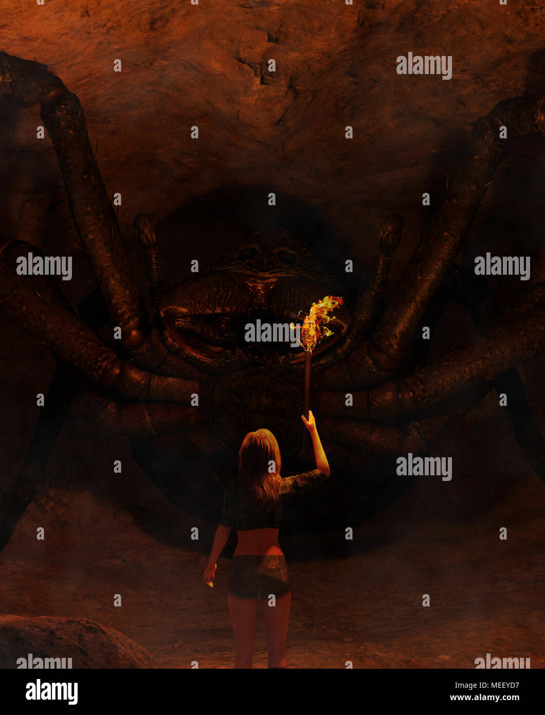3D-Darstellung der Mädchen mit Fackelzug entdecken Sie eine riesige Spinne in verlassenen Höhle, 3d fantasy Kunst für Buchcover, Buchillustration Stockfoto