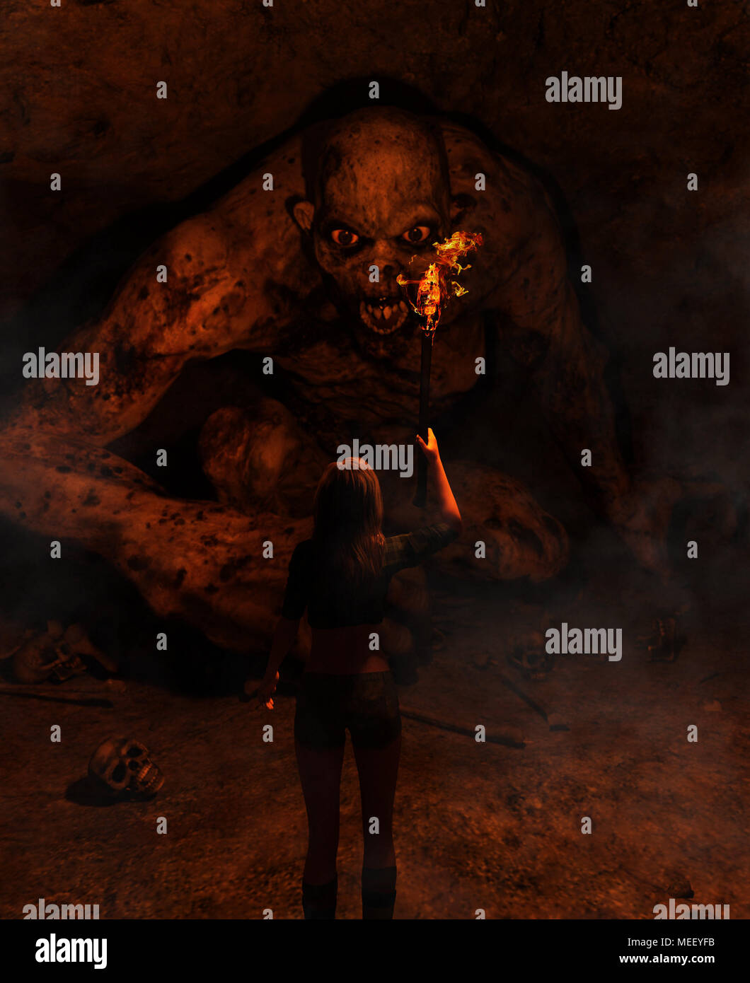3D-Darstellung der Mädchen mit Fackelzug entdecken Sie ein Monster in der verlassenen Höhle, 3d fantasy Kunst für Buchcover, Buchillustration Stockfoto