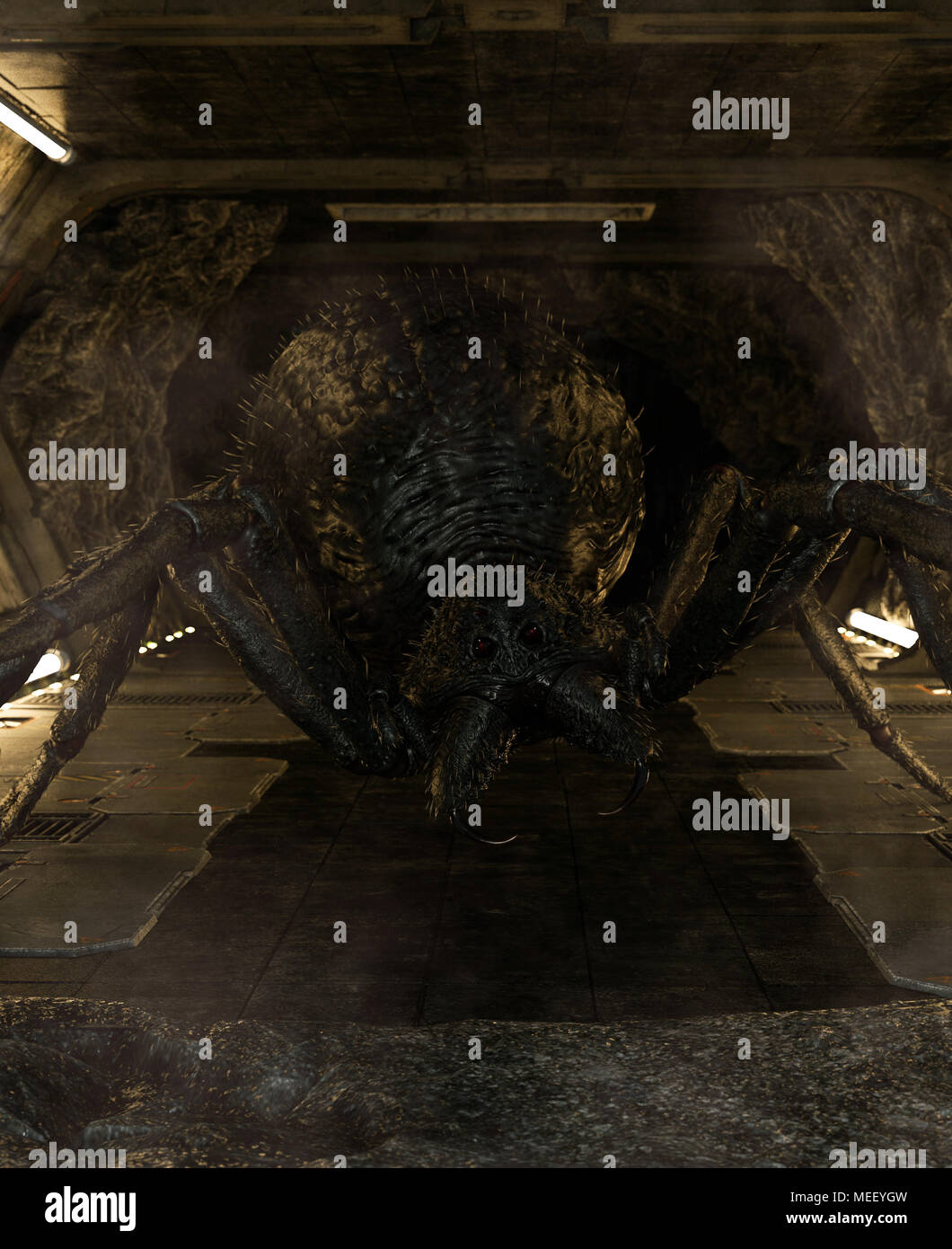 3D-Darstellung eines riesigen Monster Spinne in verlassenen Scifi, Tunnel, 3d fantasy Kunst für Buchcover, Buchillustration Stockfoto