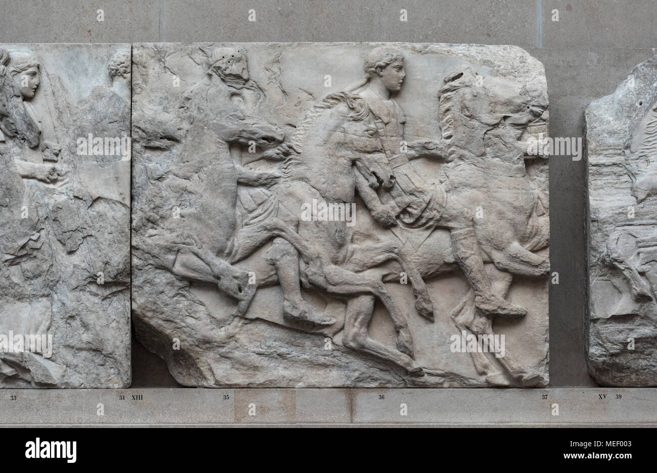 London. England. British Museum, Parthenon-fries (Elgin Marbles), Reiter aus dem Süden Fries, vom Parthenon auf der Akropolis in Athen, Ca. Stockfoto