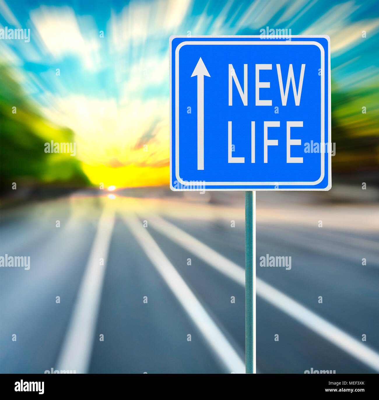 Neues Leben motivationale Phrase auf blauen Schild mit Pfeil und verschwommenes speedy Hintergrund in den Sonnenuntergang. Kopieren Sie Platz. Stockfoto