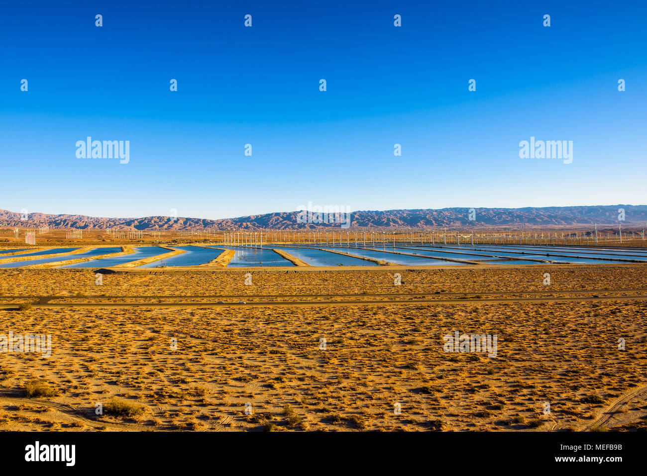 Windmühlen Farm und Stauseen entlang einer Landstraße in Mojave Wüste Stockfoto