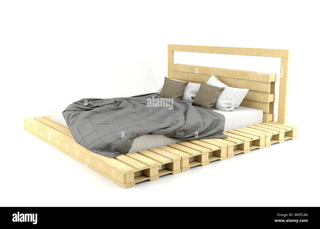 Moderne und Loft Design Bett aus Holz auf weißem Hintergrund Stockfoto