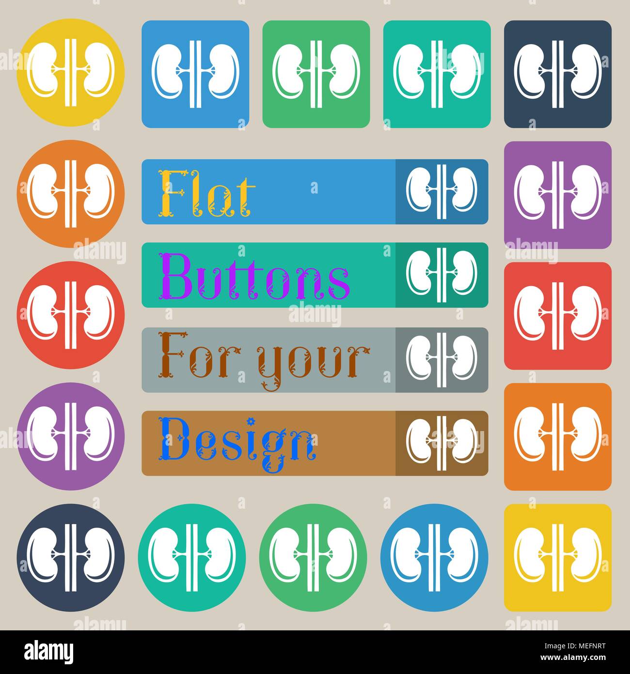 Nieren Symbol unterzeichnen. Set aus 20 farbigen flache, runde, quadratische und rechteckige Buttons. Vector Illustration Stock Vektor