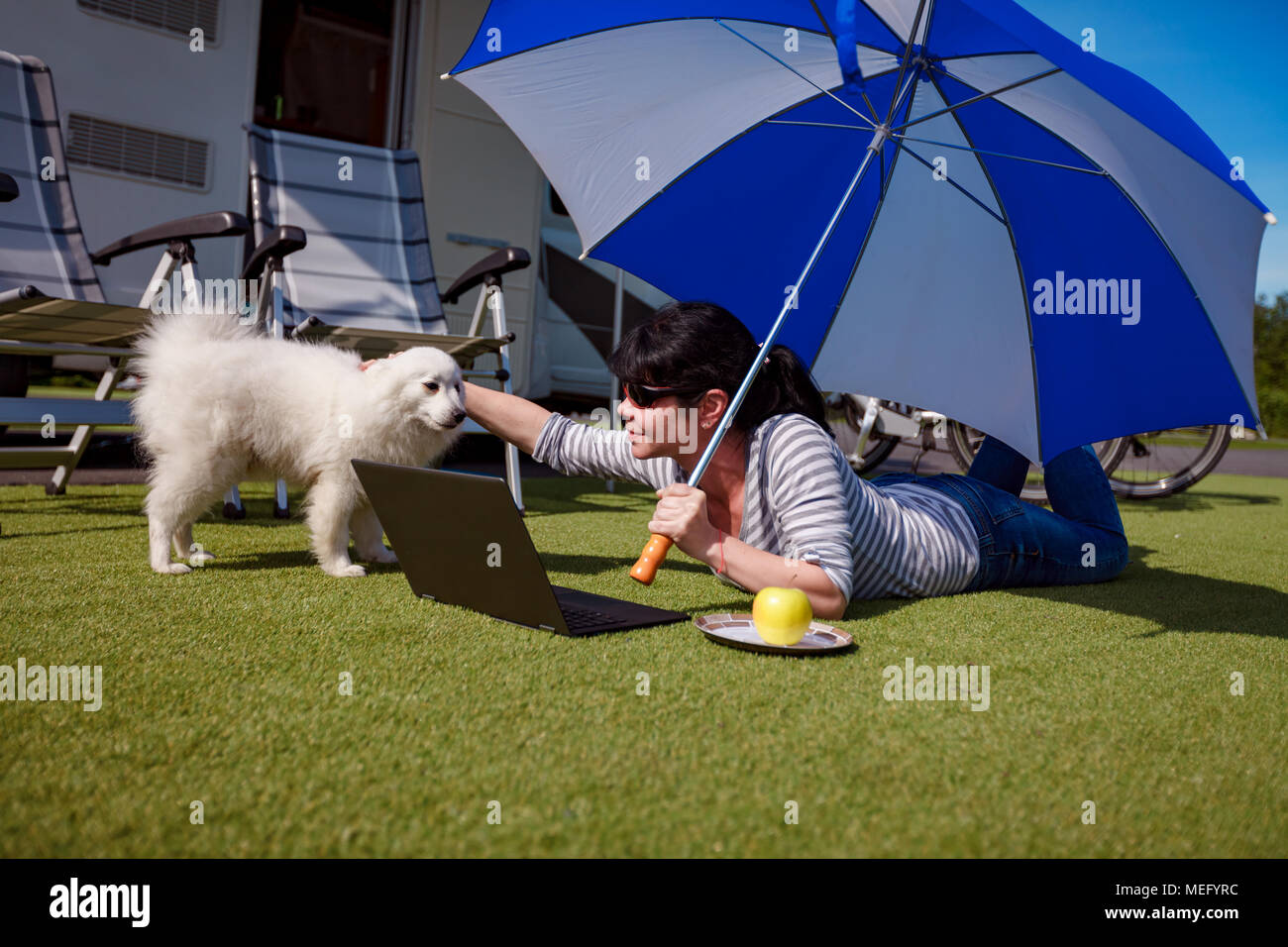 Frau auf dem Gras mit einem Hund an einem Laptop. Caravan Auto Urlaub. Familie Urlaub Reisen, Urlaub im Reisemobil VR Stockfoto