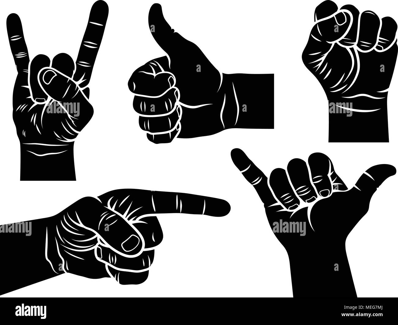 Gesten und Zeichen. Shaka Zeichen, männliche Faust, eine Hand zeigt Symbol wie, zeigende Hand, Rock und Roll Hand unterzeichnen. Vector Illustration Stock Vektor