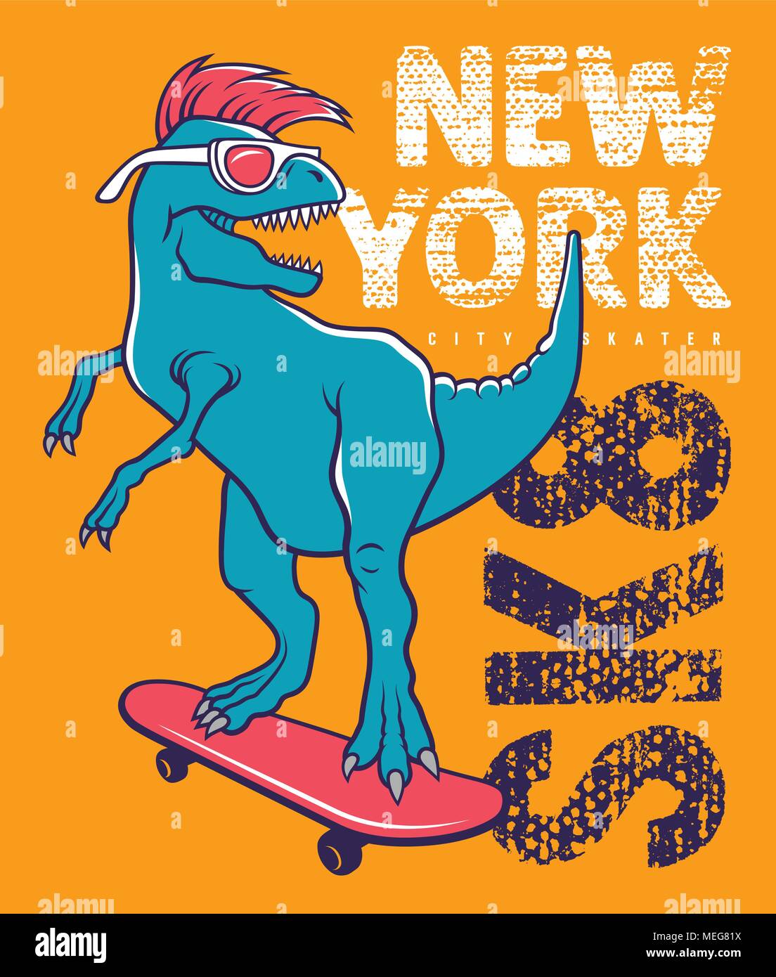 Dinosaurier reiten auf Skateboard. Vector Illustration eines lustigen Tyrannosaurus mit Sonnenbrille. Skateboard Typografie für Kinder T-Shirt. T-Stück Grafiken Stock Vektor