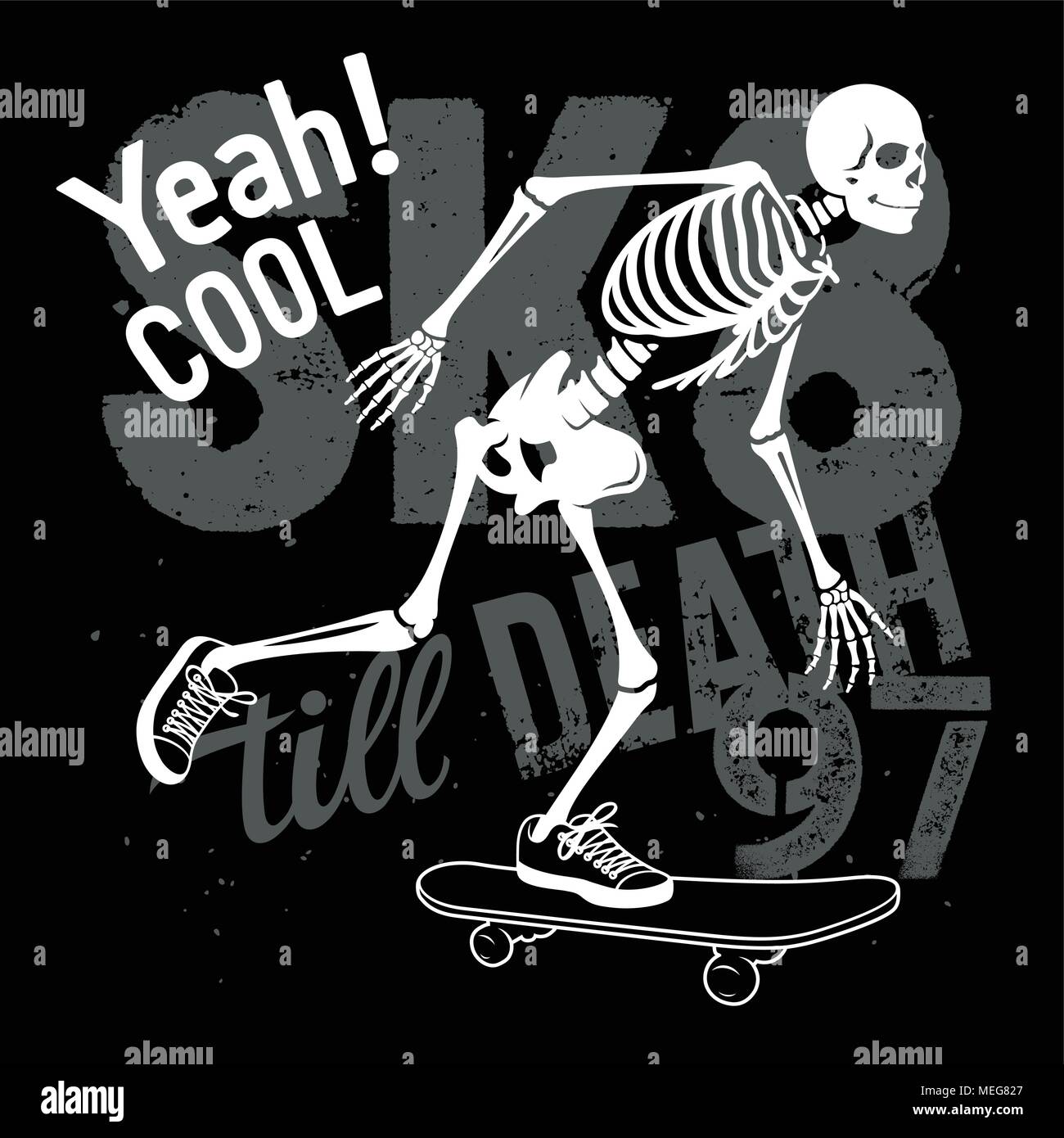 Skateboard t-shirt Grafiken. Skelett reiten auf Skateboard. Vector Illustration. Skull T-Grafik Stock Vektor