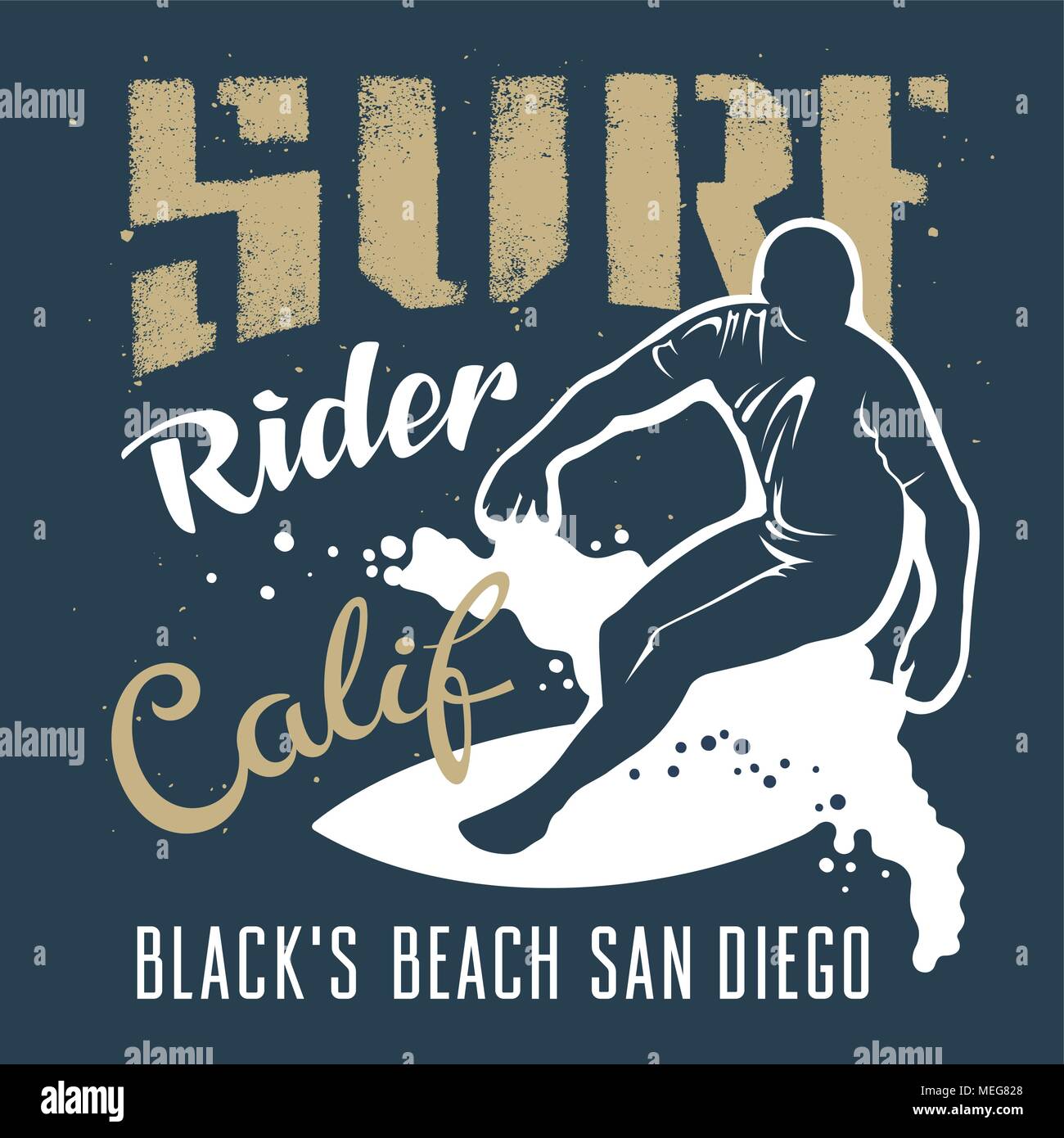 Surfen Artwork. Der schwarze Strand San Diego, Kalifornien. T-shirt Bekleidung Grafiken drucken. Original Graphic Tee Stock Vektor