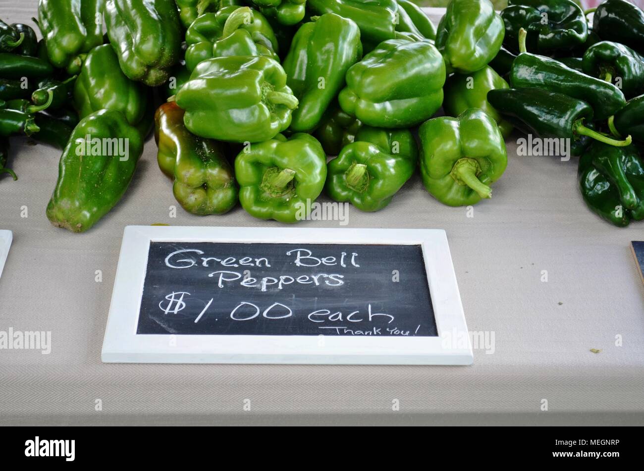 Verschiedene Paprika werden auf einem lokalen Bauernmarkt in Michigan, USA, ausgestellt und zum Verkauf angeboten Stockfoto