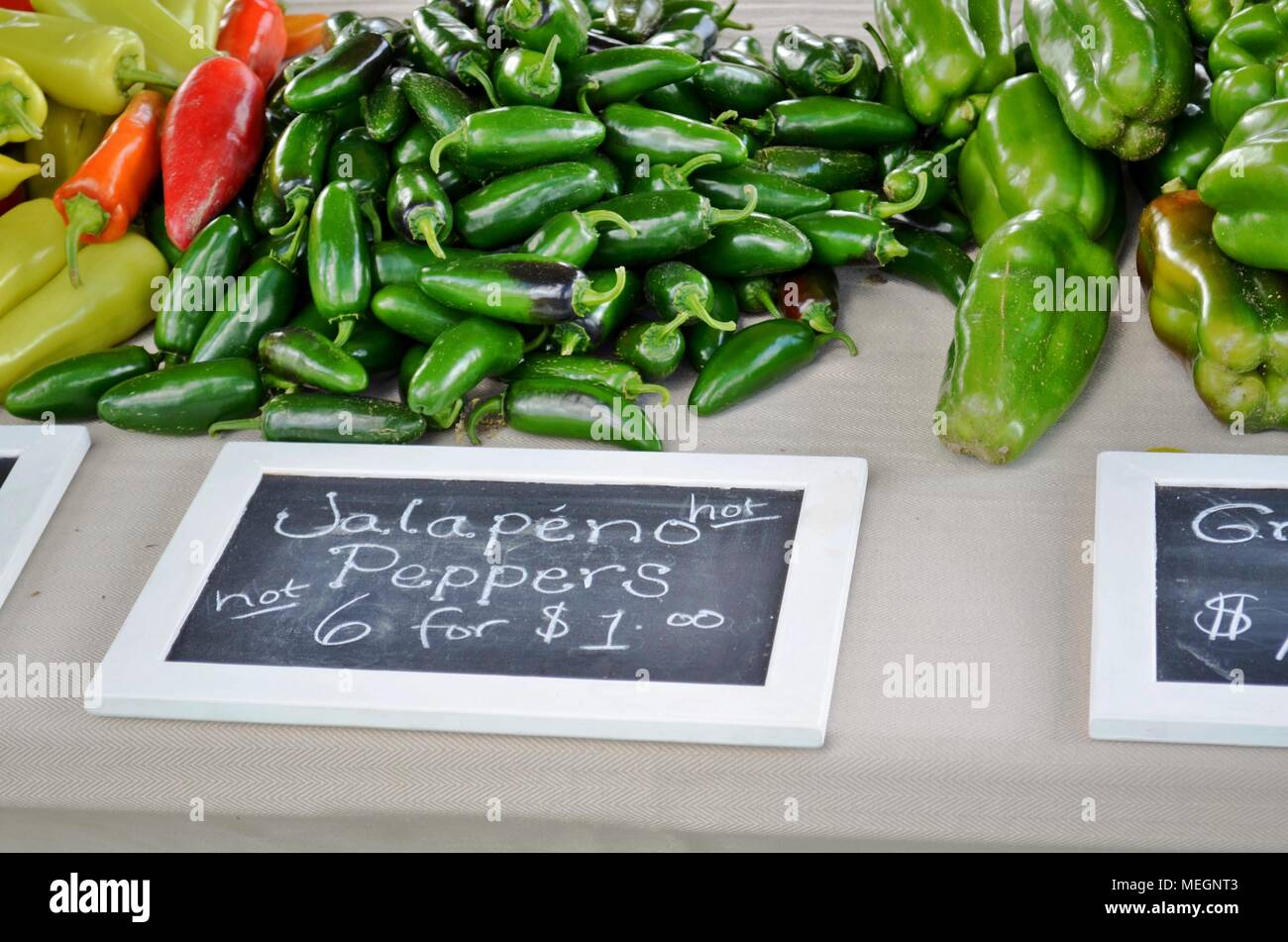 Verschiedene Paprika werden auf einem lokalen Bauernmarkt in Michigan, USA, ausgestellt und zum Verkauf angeboten Stockfoto