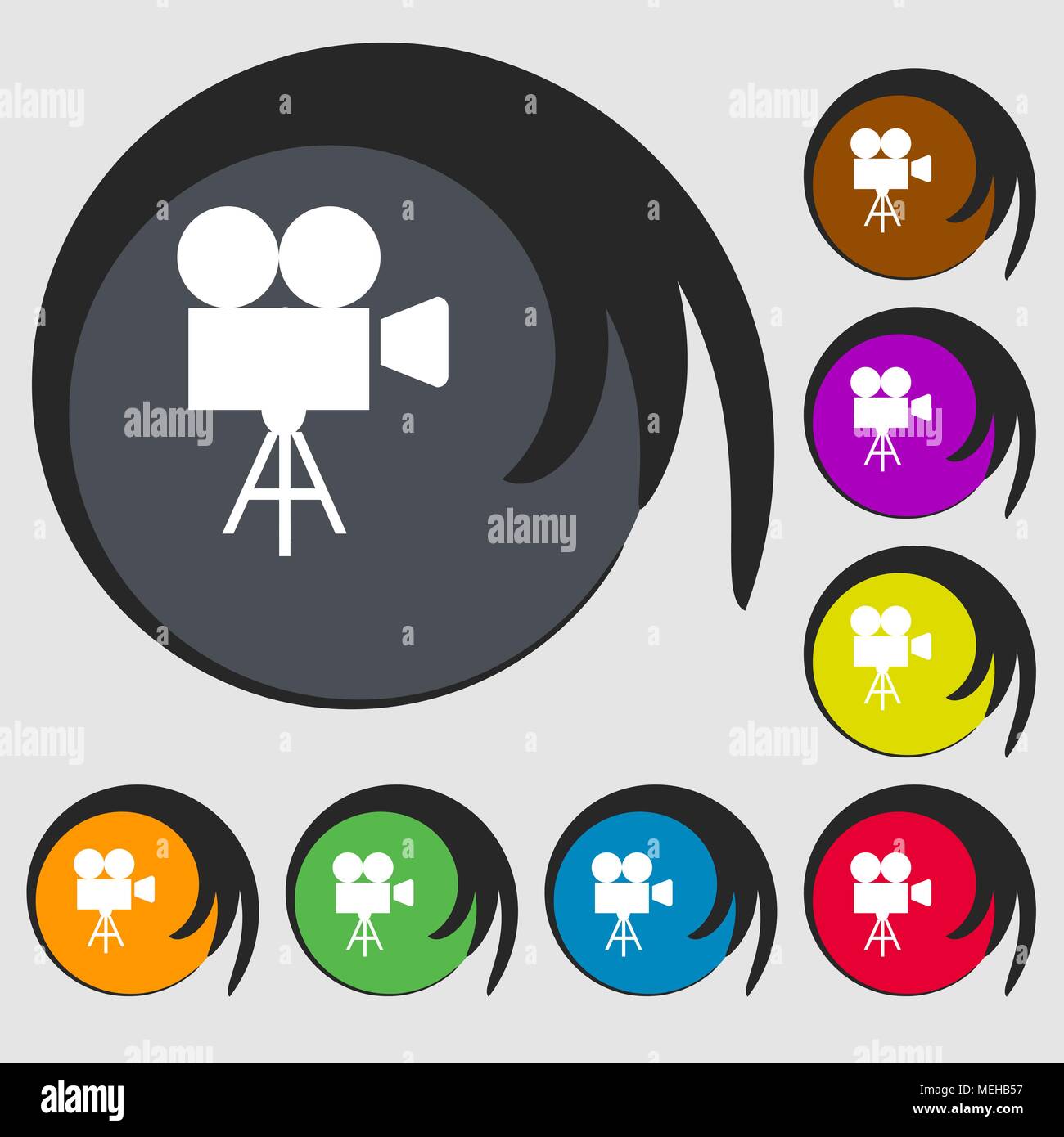 Symbol Videokamera. Symbole auf acht farbigen Tasten. Vector ...