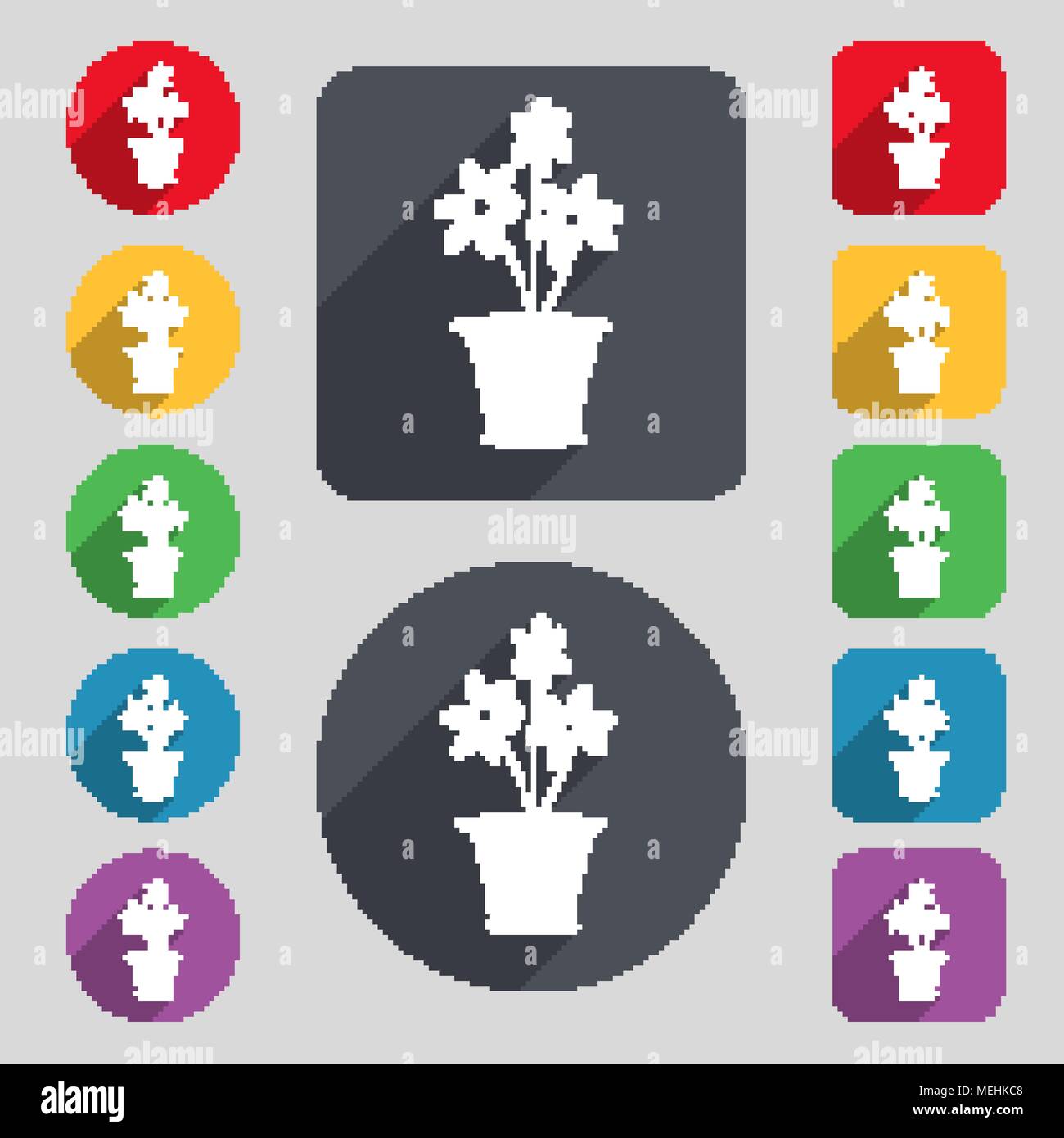 Vase mit Blumen Symbol unterzeichnen. Um ein Set mit 12 farbigen Tasten und einen langen Schatten. Flache Bauform. Vector Illustration Stock Vektor