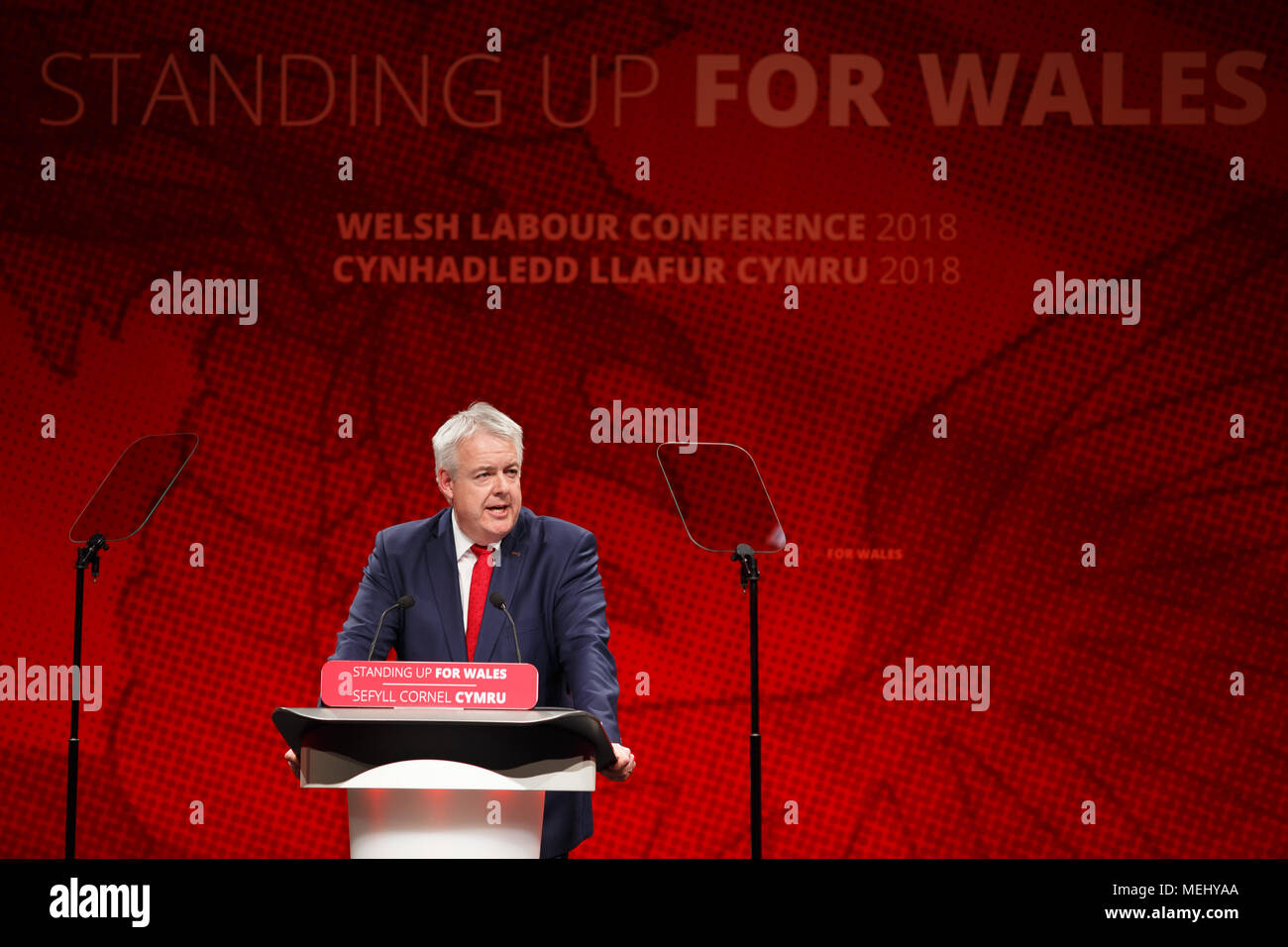 Welsh Arbeitskonferenz, Llandudno, Großbritannien, 21. April 2018. Carwyn Jones, Welsh Arbeiterführer Adressen Konferenz. Credit: Sean Pursey/Alamy leben Nachrichten Stockfoto