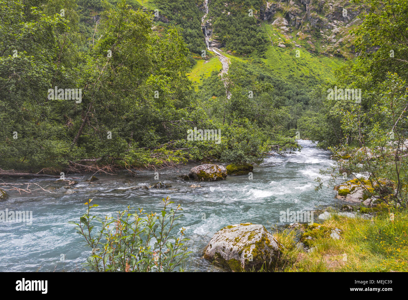 Flusslandschaft unter dem Gletscher Supphellebreen, Teil des Jostedalsbreen Nationalpark, Norwegen, in der Nähe von Sogndal, Wildwasser in unberührter Landschaft Stockfoto