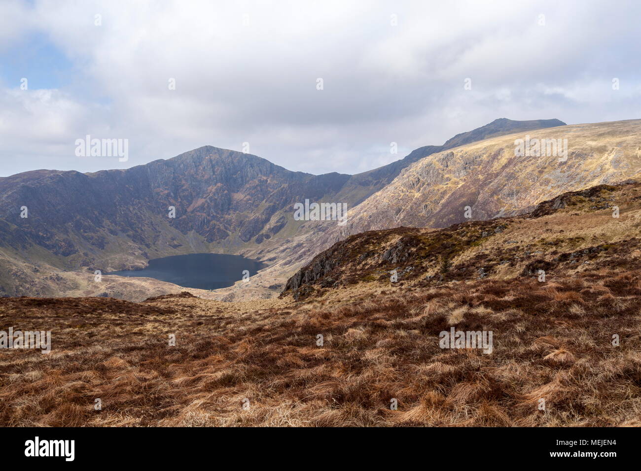 Die Gipfel von Cadair Idris, Craig Cwm Armarch und Llyn Cauviewed aus dem Weg, der nach oben führt zu Mynydd Moel Stockfoto