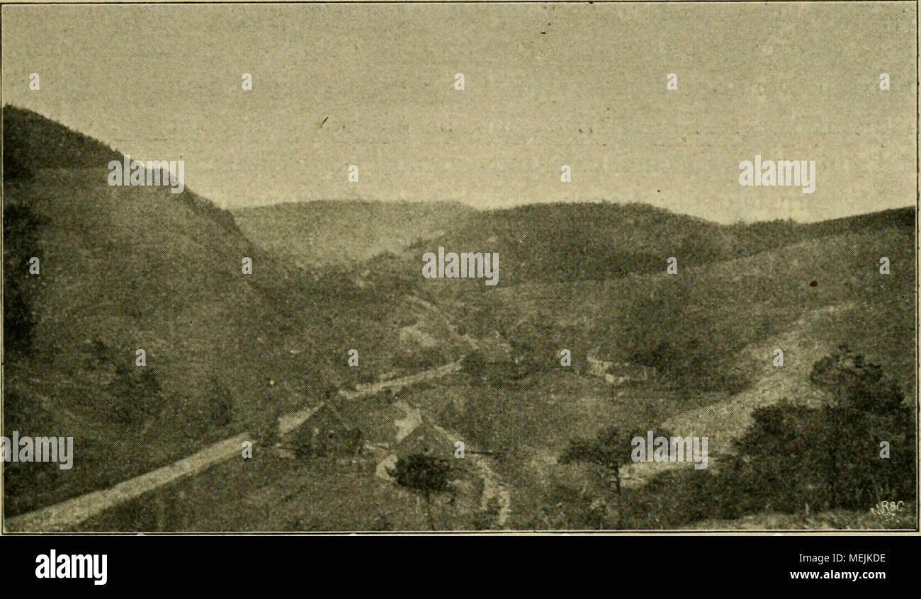 . Die Beschädigung der Vegetation durch Rauch. Handbuch zur Erkennung und Beurteilung von Rauchschäden. Abb. 12. Der Altenauer eauchblösse Hütte, vom aufgenomiiien Dietrichsberg aus. Rechts und links kahle Hänge. Im Mittelgrunde befinden sich Hüttengebäude mit der deutschstämmigen beschädigten Laubholzpflanzung, im Hintergrund ein dm Rothenberg die Hütte. Links der Schwarzenberg. Schlucht, deren Südhang in charakteristischer Weise sterben, Sand- und Stein-Wüste zeigt. Das Regenwasser hat hier tiefe Furchen in den Boden ein-gewürfelt, jeder Regenguss befördert Steine und Sand in grossen Massen ins Thal Stockfoto