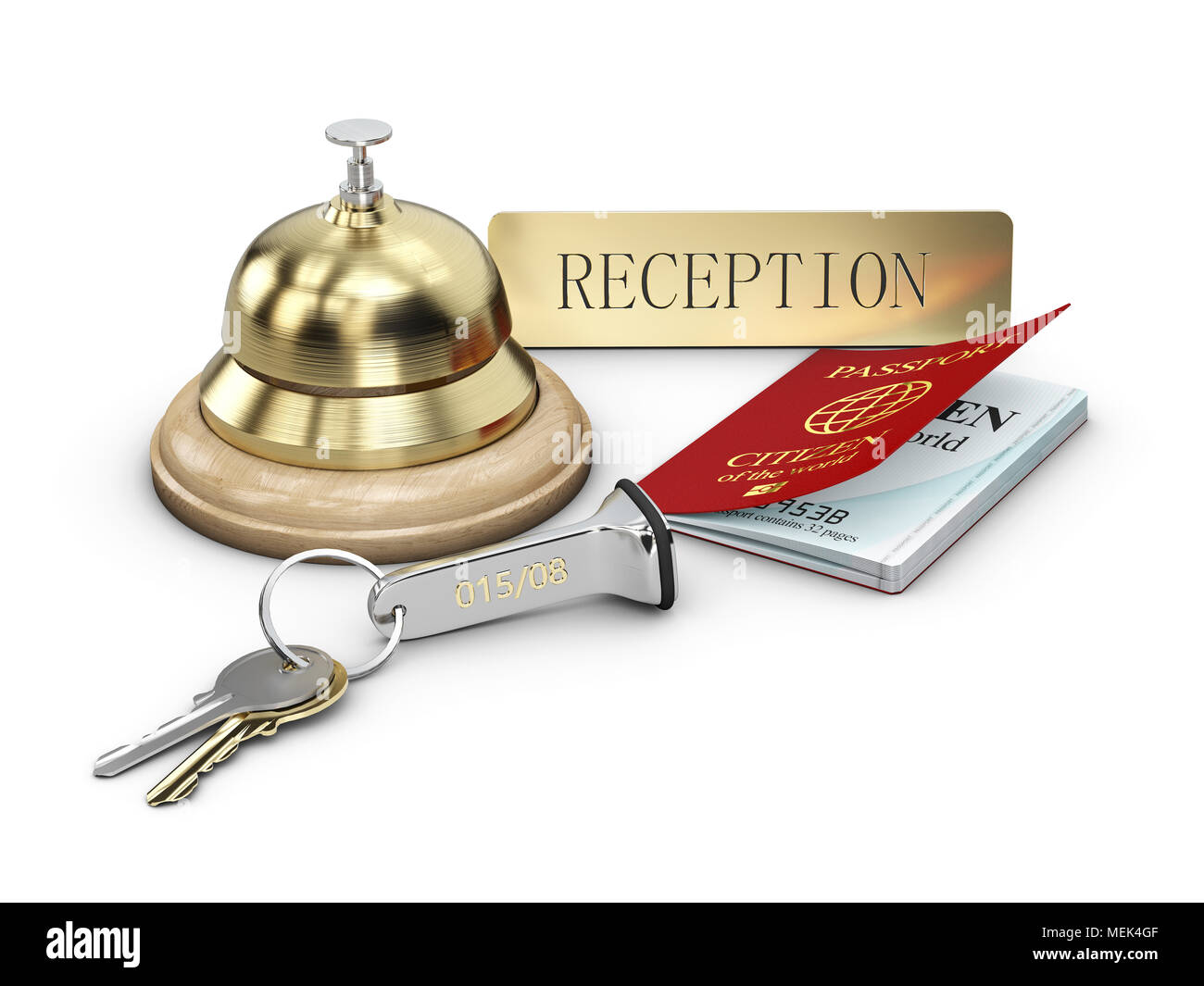 Hotel Key mit Pass und Rezeption Glocke an der Rezeption, 3d Illustartion. Stockfoto