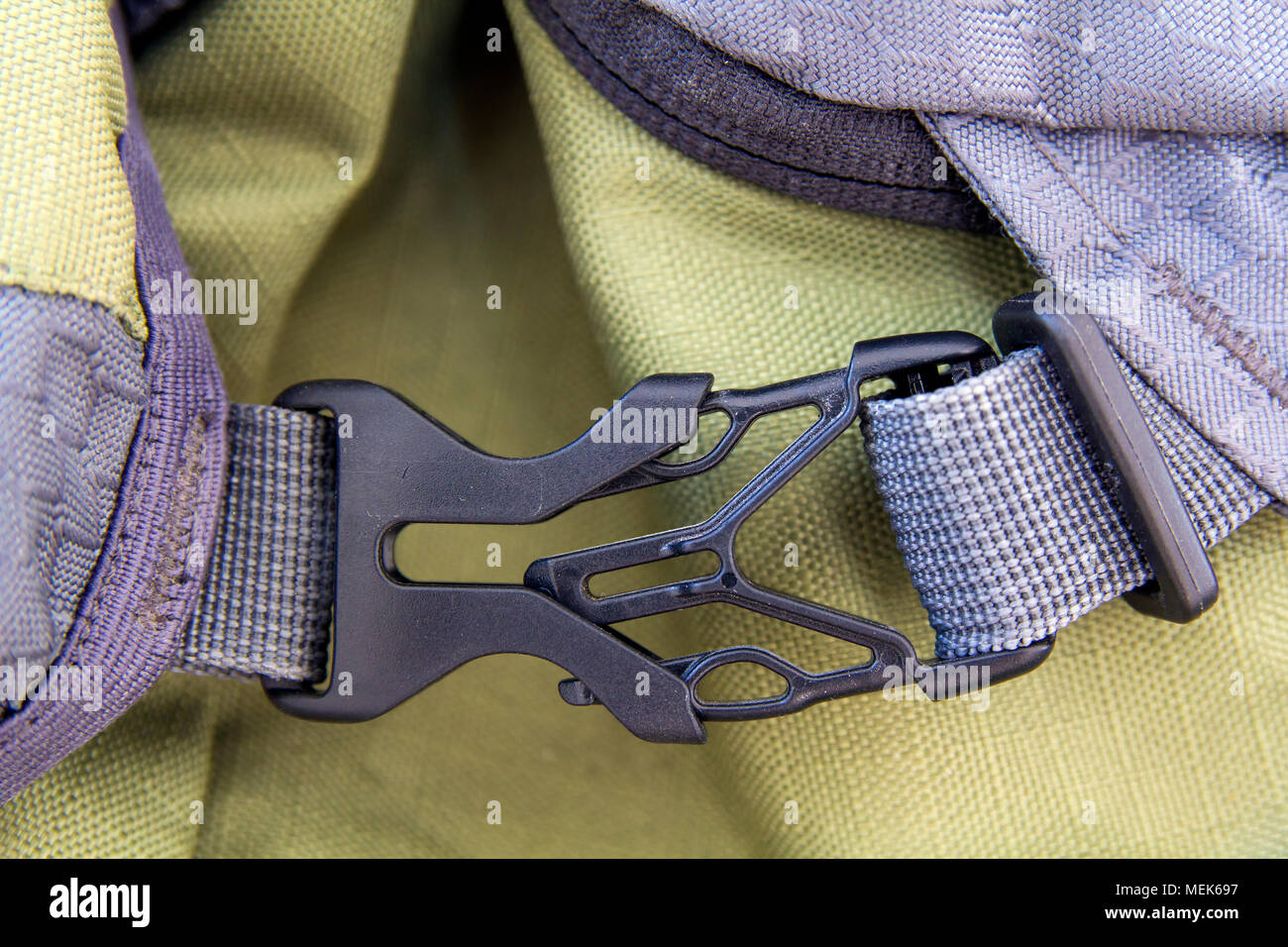 Close-up Detail der gesperrten Grau bequeme sichere Plastik Verschluss der  gelben Rucksack. Sicherheit, Zuverlässigkeit und Bequemlichkeit des  modernen Zubehör für backp Stockfotografie - Alamy