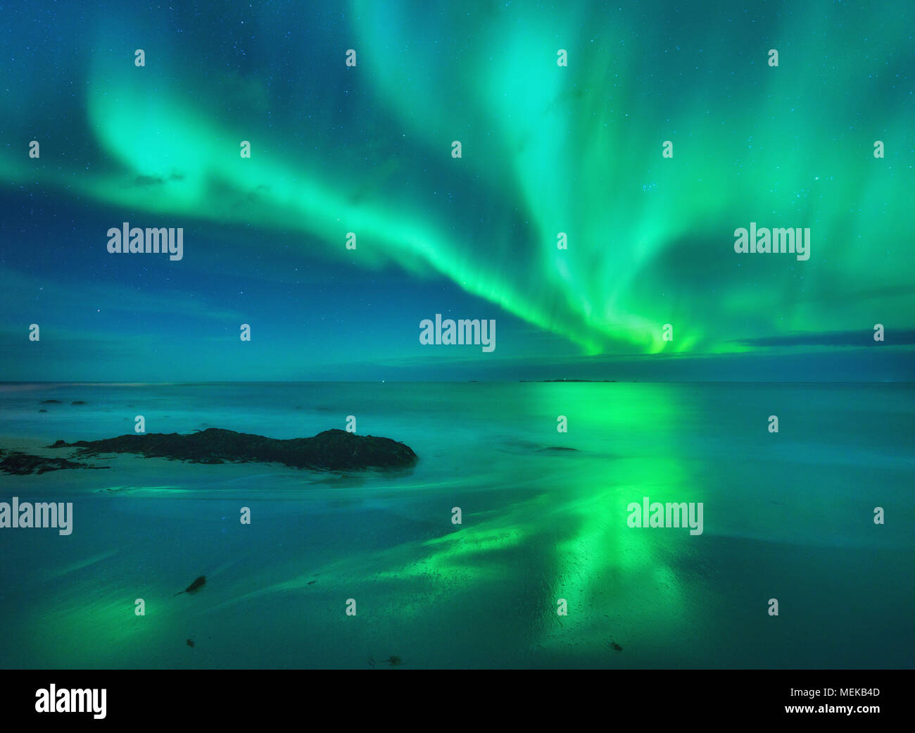 Aurora auf dem Meer. Nordlicht in Lofoten Inseln, Norwegen. Sternenhimmel mit Polarlichter. Nacht Landschaft mit Aurora, Meer mit fliessend Wasser und s Stockfoto