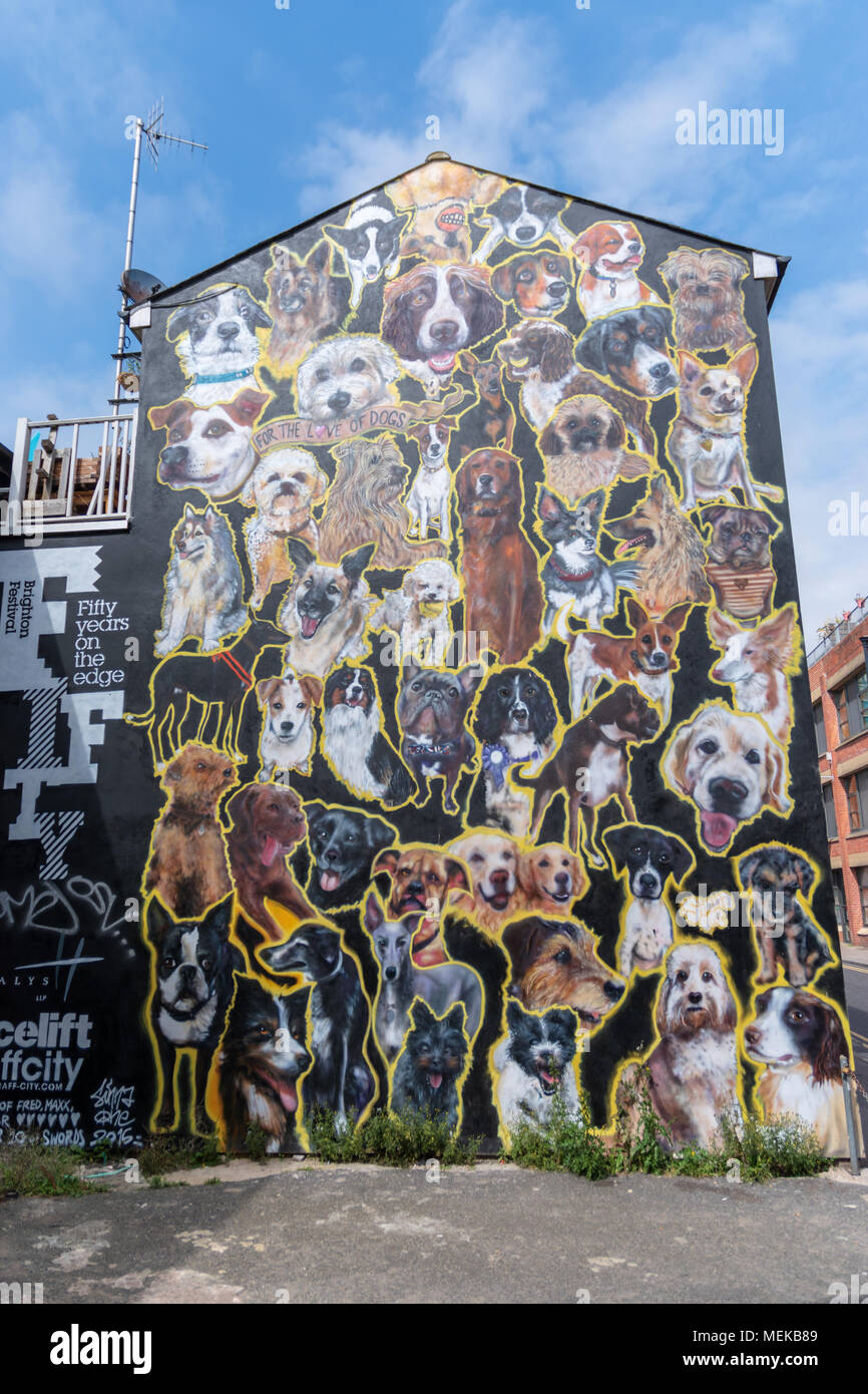 Eine Wand in Brighton mit Gemälden von Hunden abgedeckt Stockfoto
